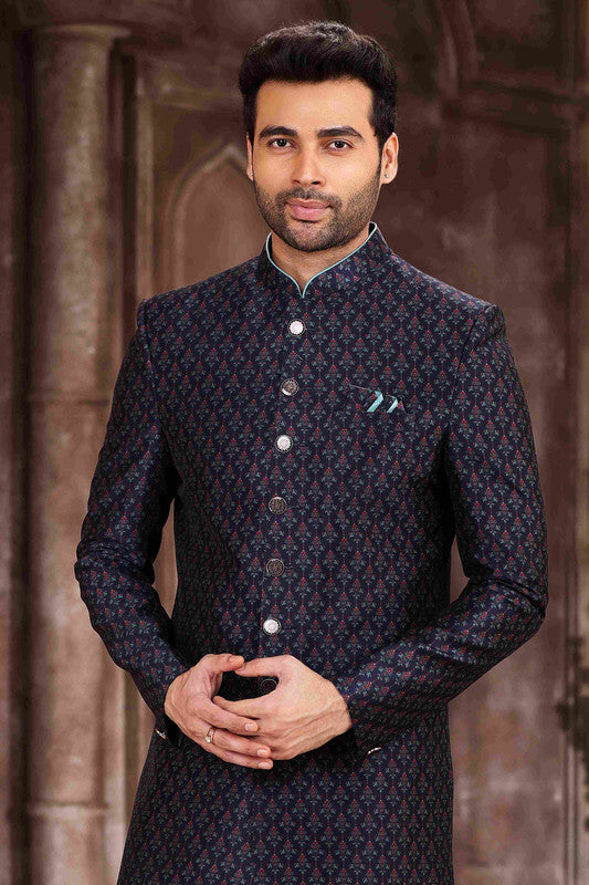 Men's Art Silk Digital Print Sherwani In Blue Colour