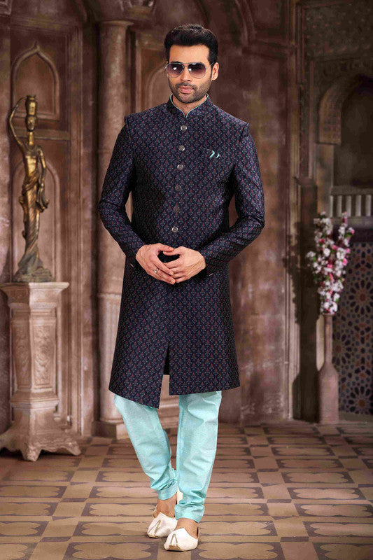 Men's Art Silk Digital Print Sherwani In Blue Colour