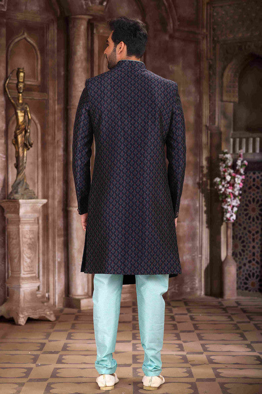 Men's Art Silk Digital Print Sherwani In Blue Colour