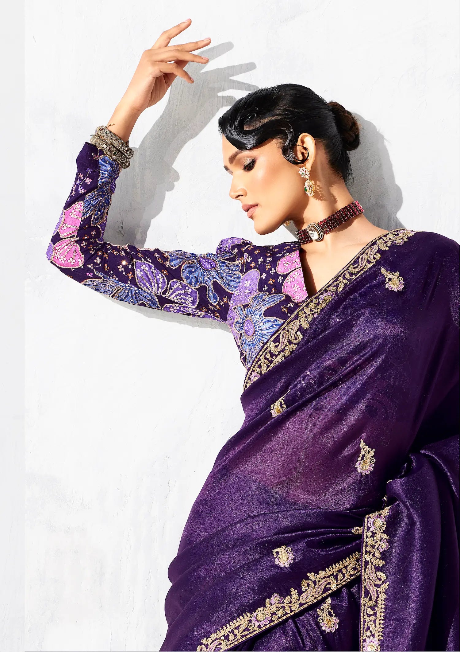 Dark Purple Glass Tissue Embroidery Party Wear Saree - qivii