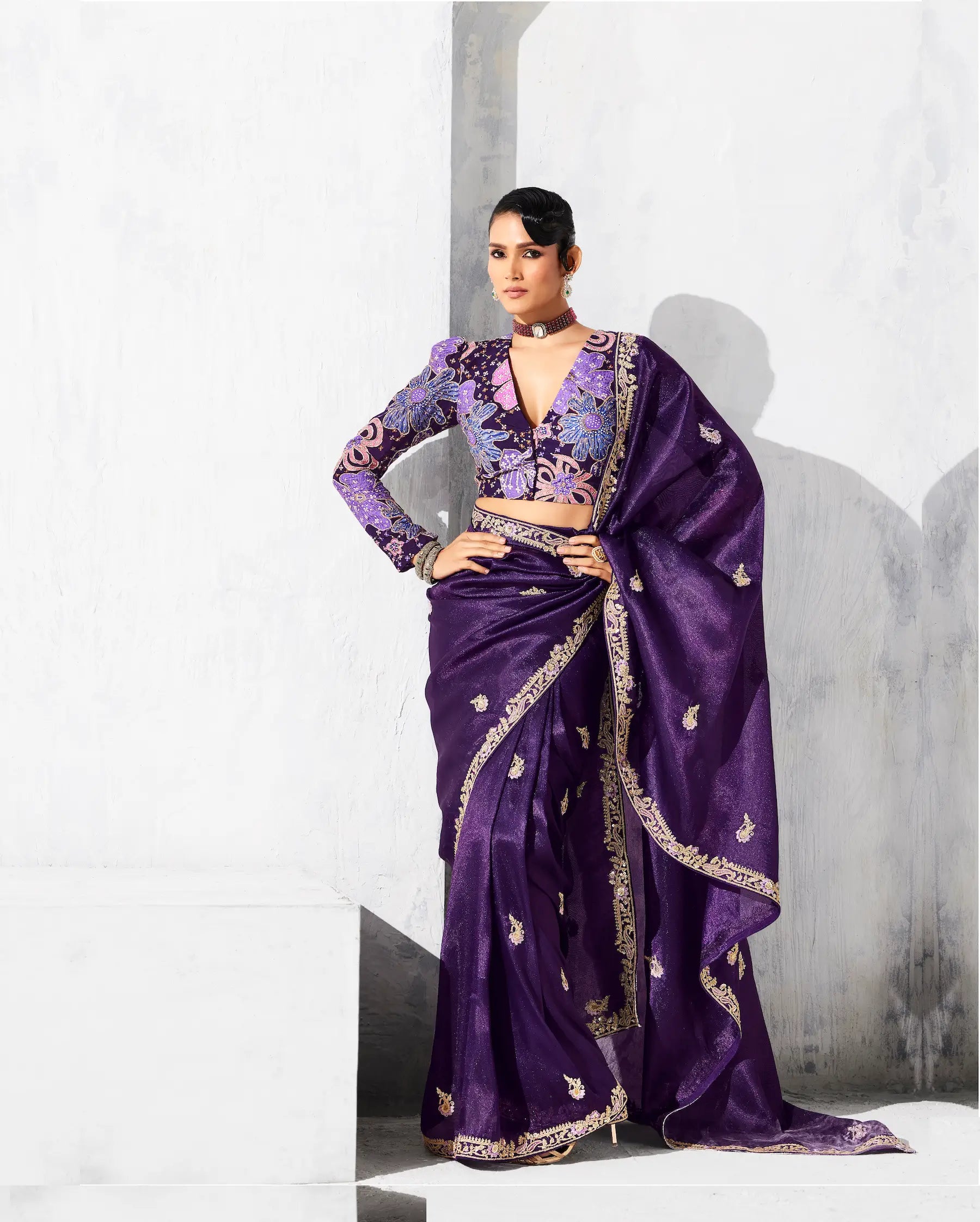 Dark Purple Glass Tissue Embroidery Party Wear Saree - qivii