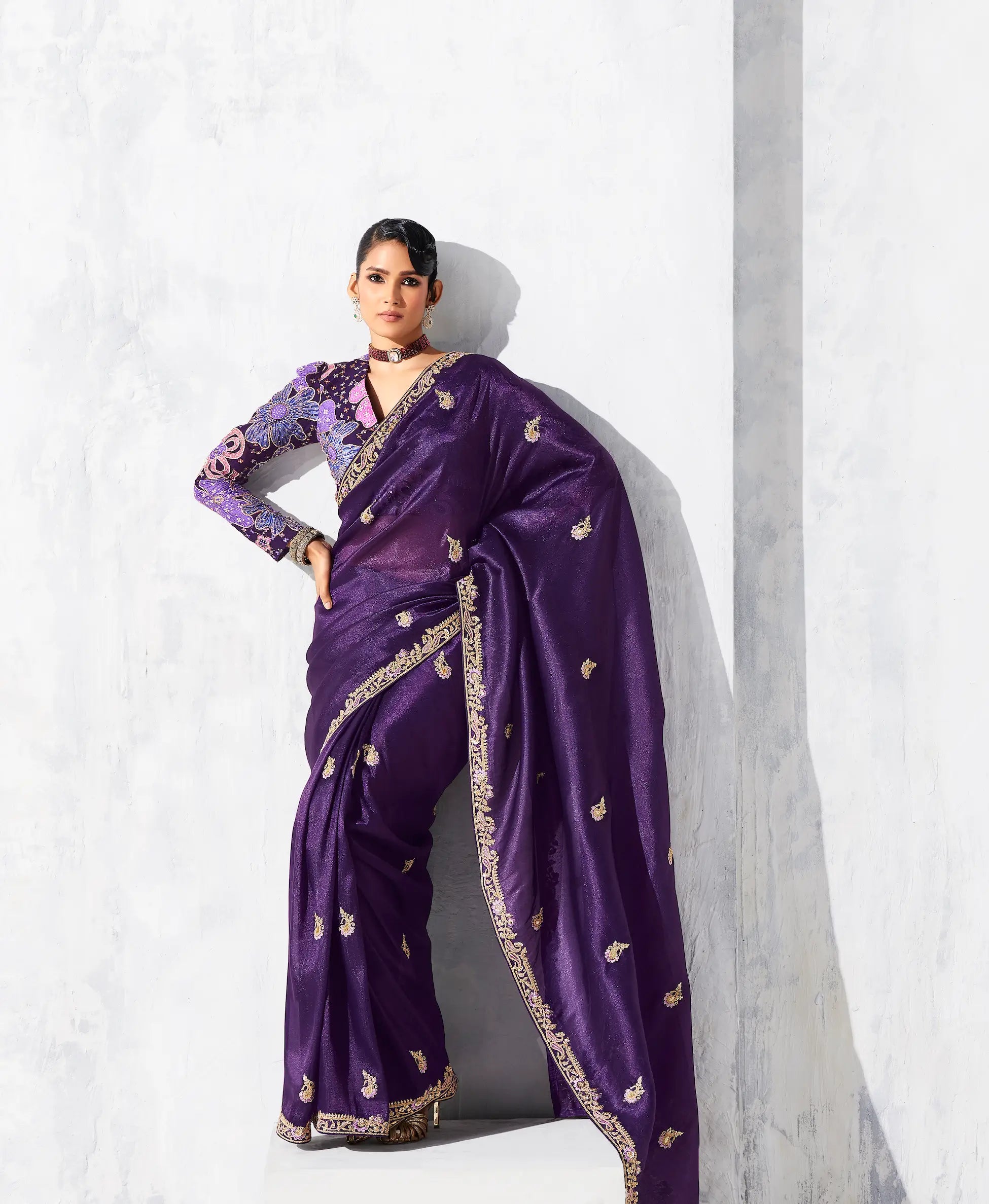Dark Purple Glass Tissue Embroidery Party Wear Saree - qivii