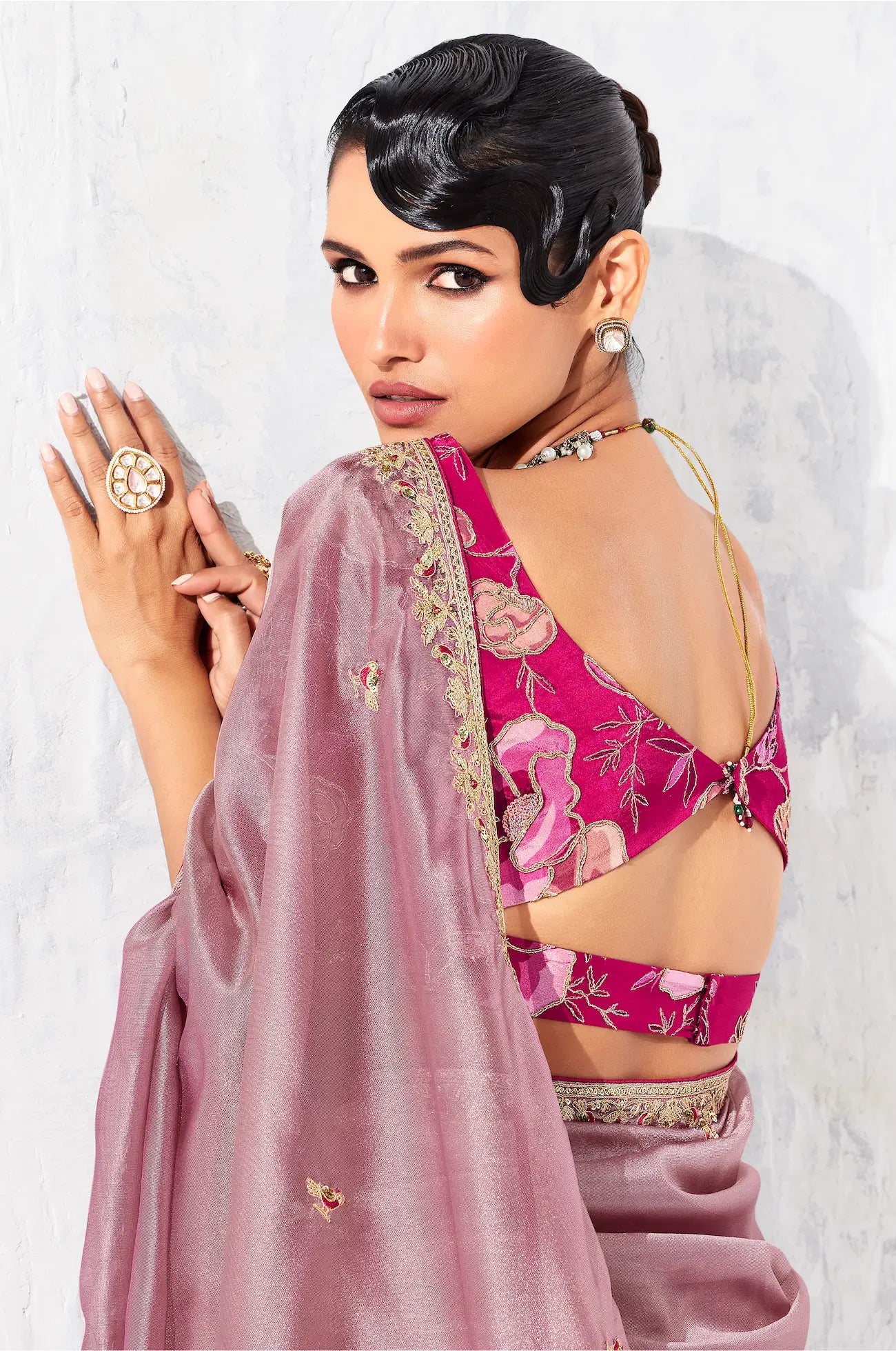 Rosy Pink Glass Tissue Embroidery Party Wear Saree - qivii