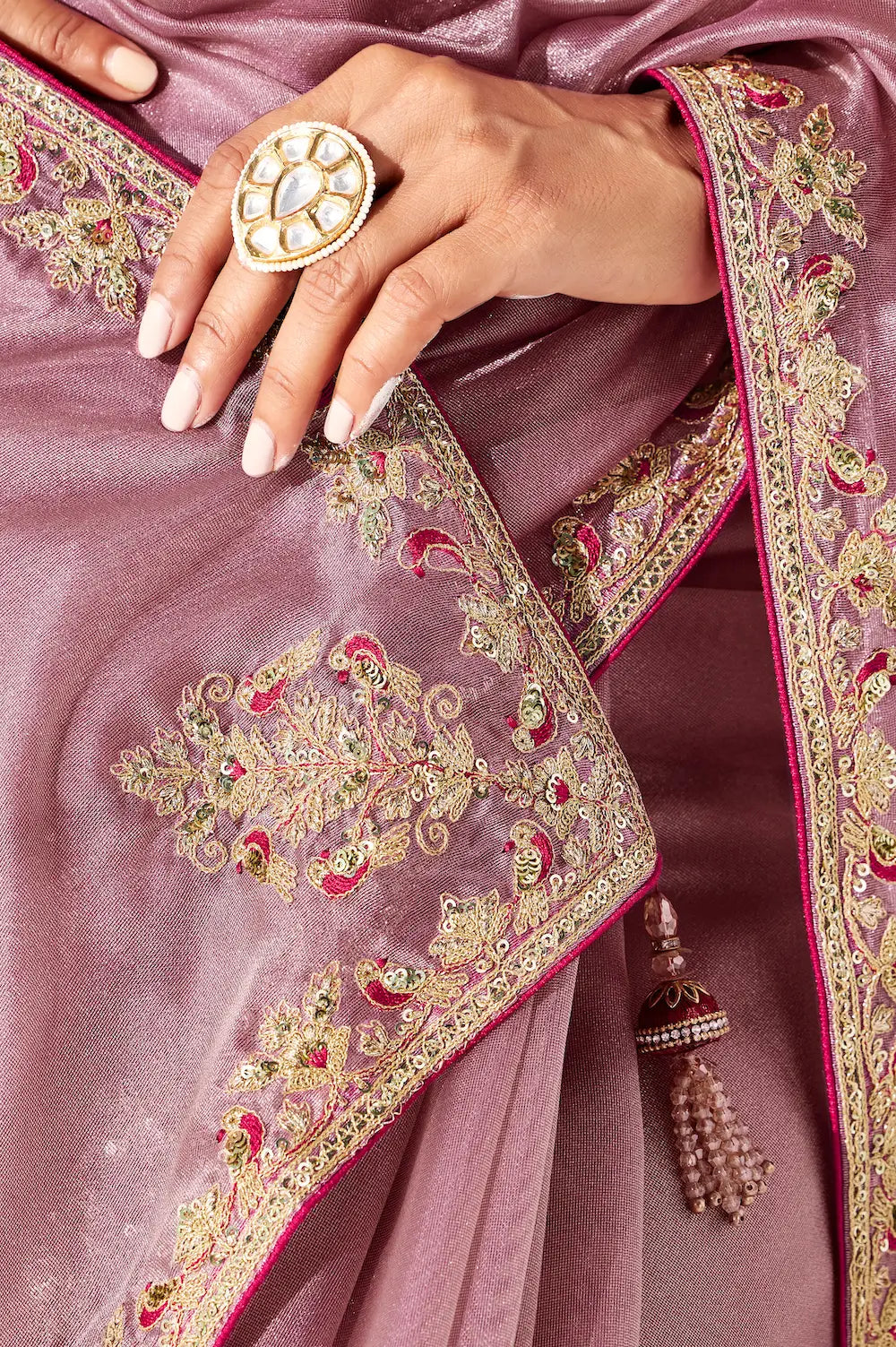 Rosy Pink Glass Tissue Embroidery Party Wear Saree - qivii