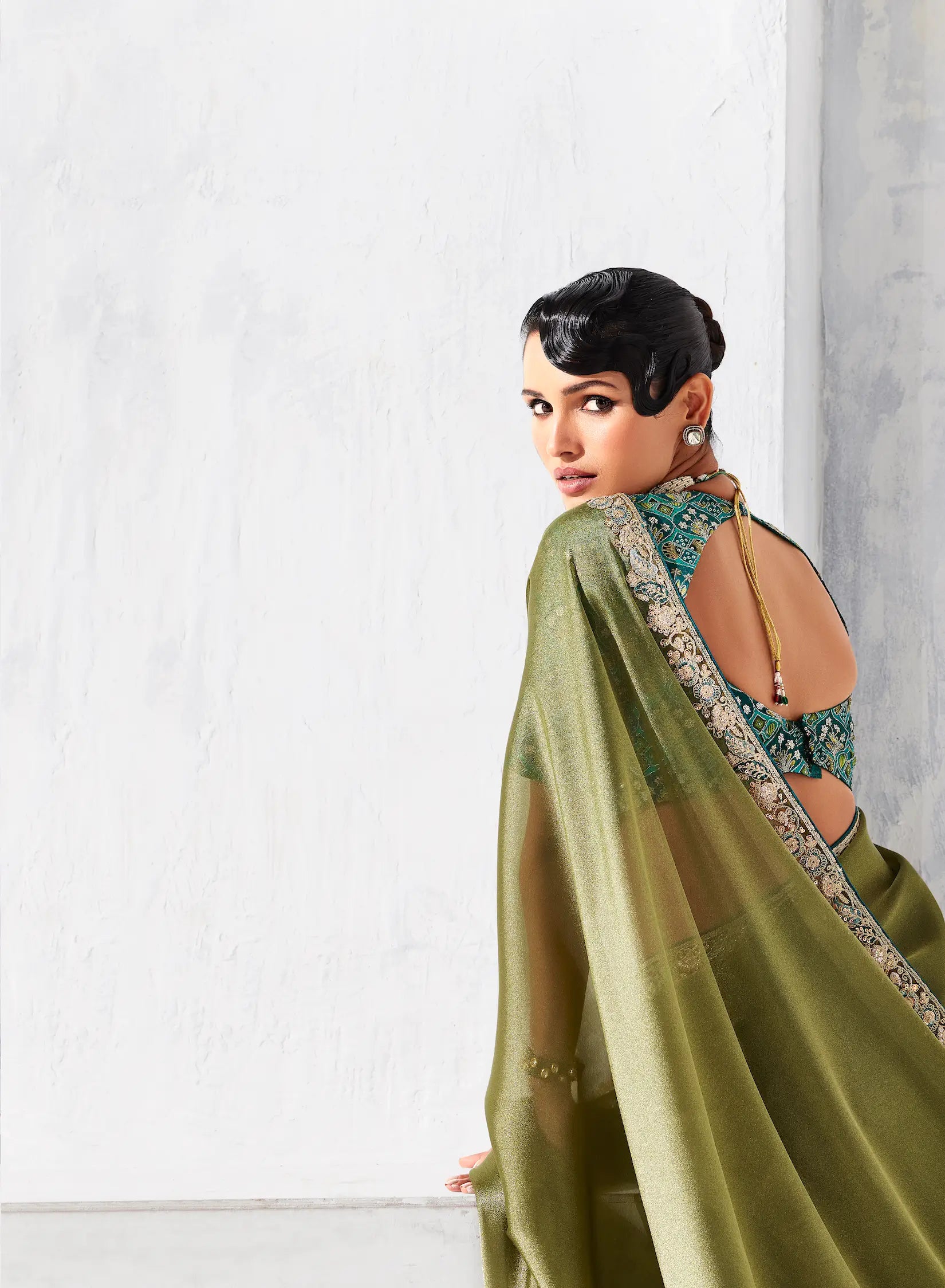 Olive Green Glass Tissue Embroidery Party Wear Saree - qivii