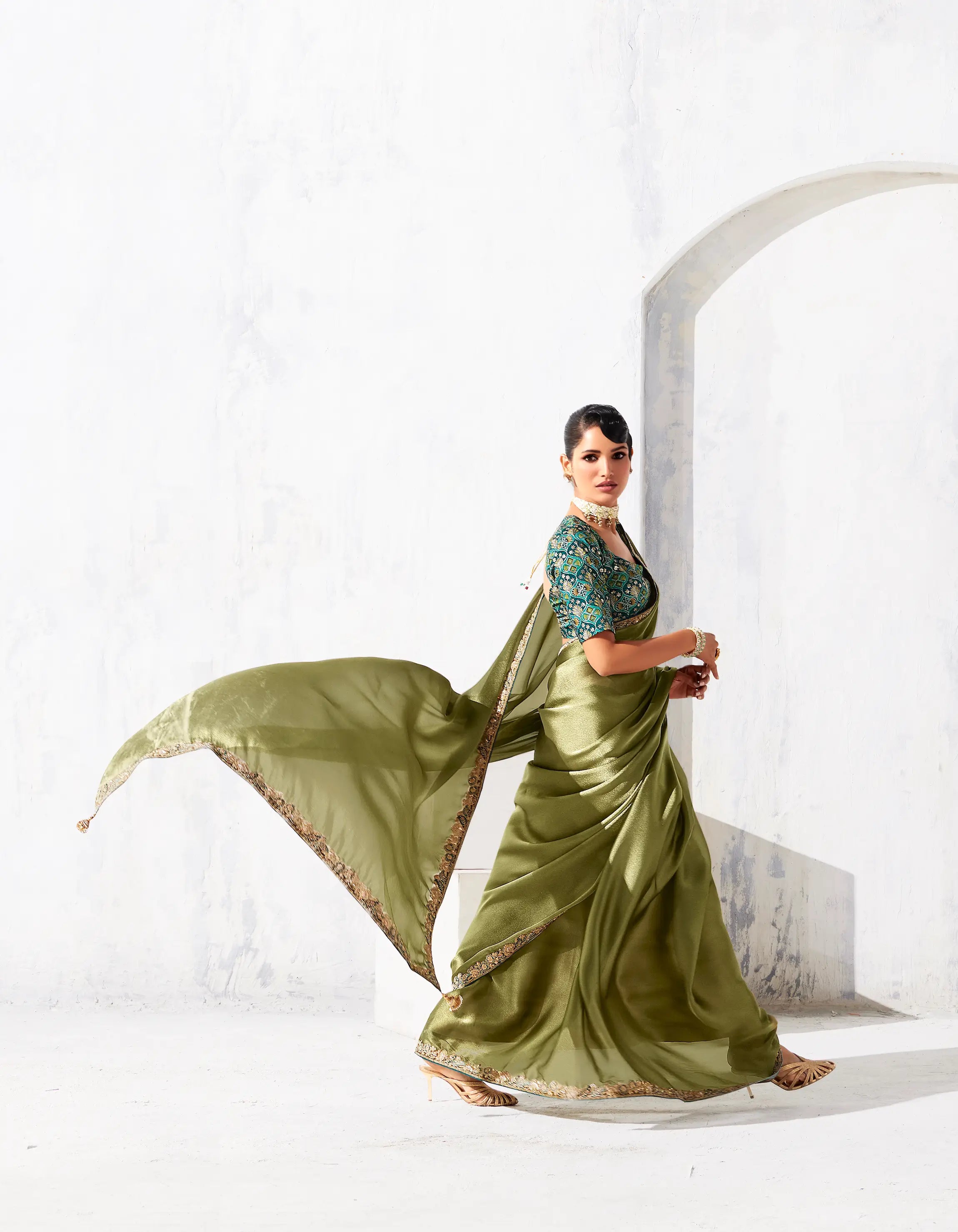 Olive Green Glass Tissue Embroidery Party Wear Saree - qivii