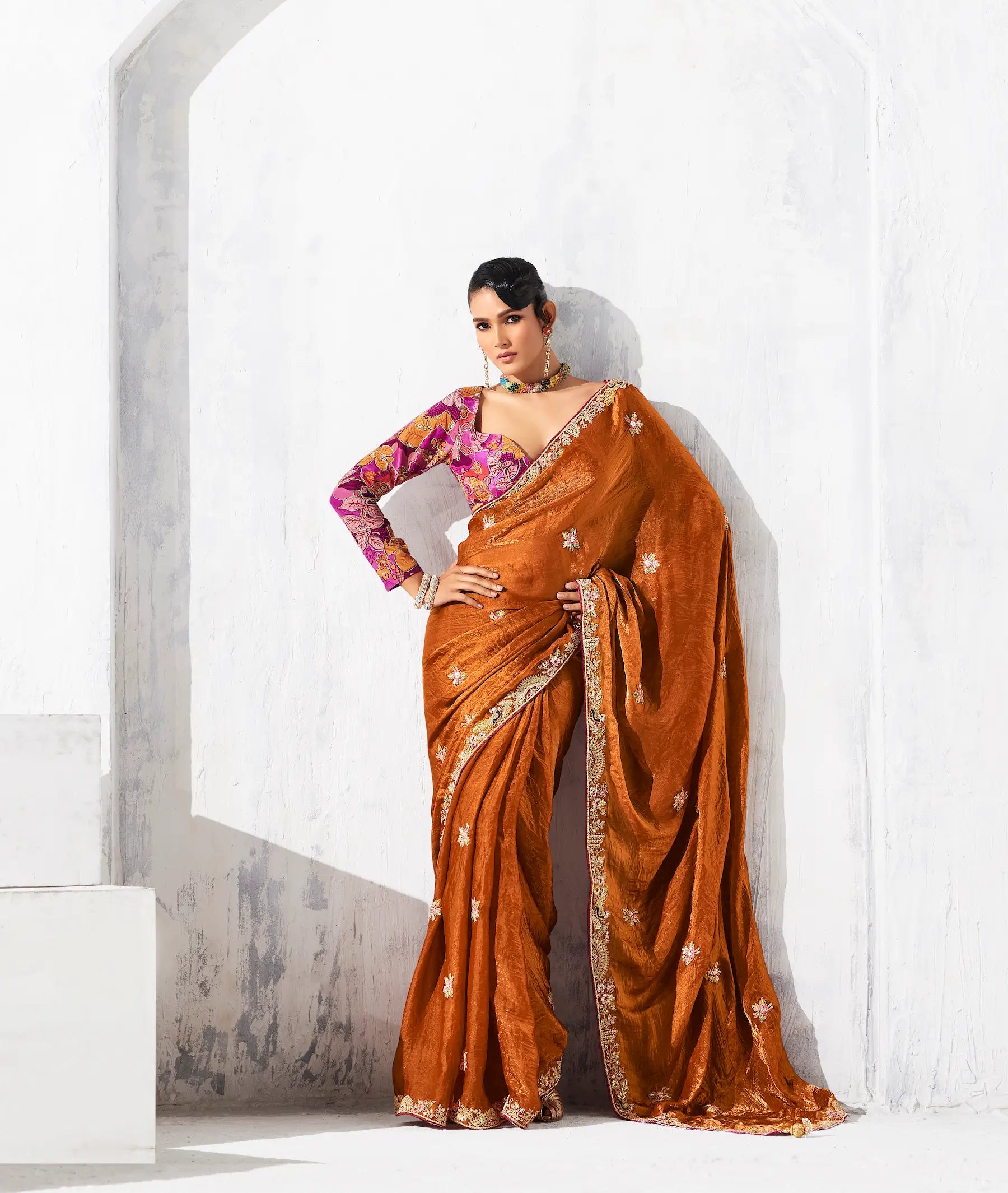 Rust Orange Glass Tissue Embroidery Party Wear Saree - qivii