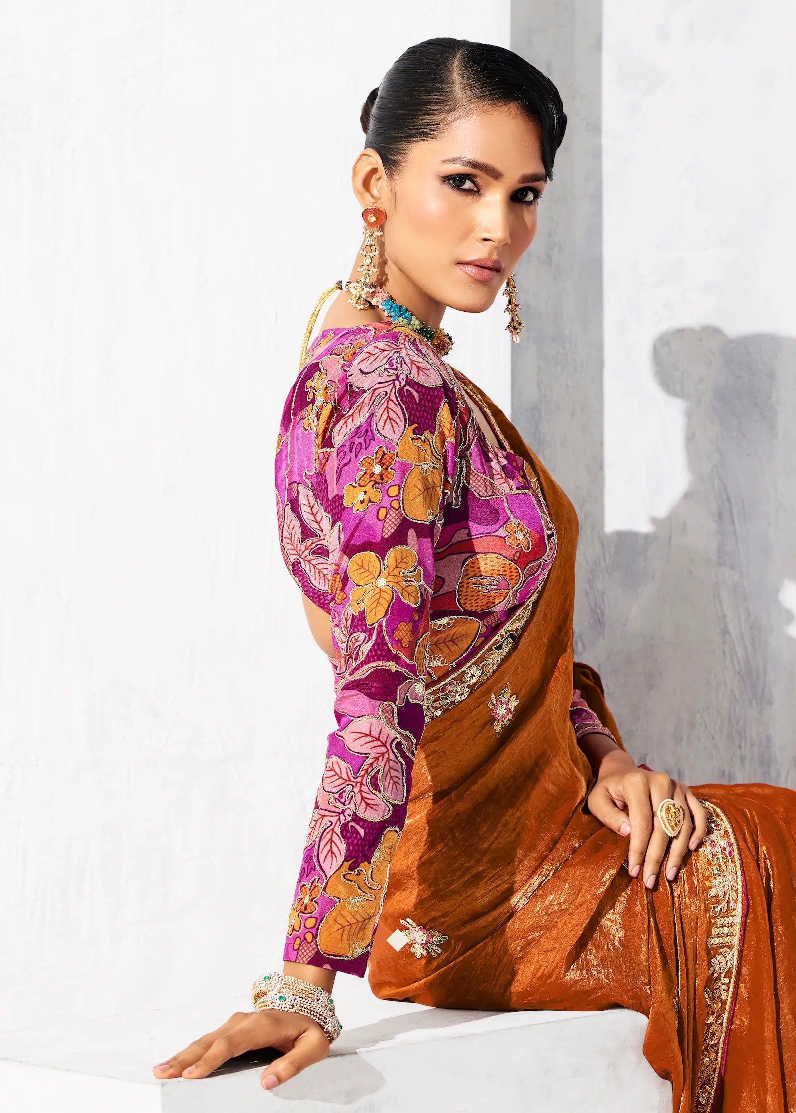 Rust Orange Glass Tissue Embroidery Party Wear Saree - qivii