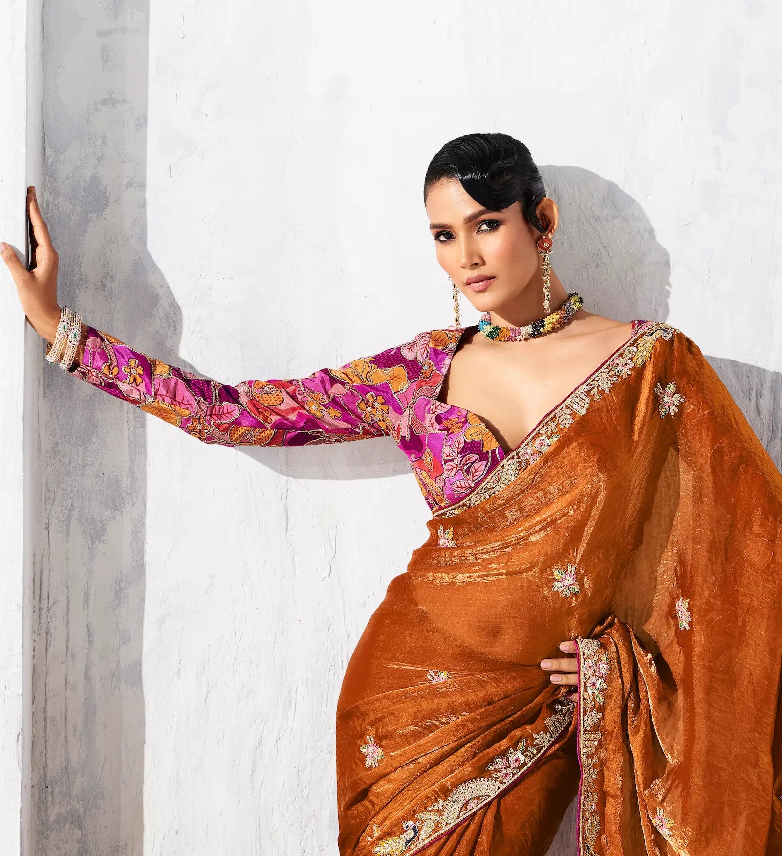 Rust Orange Glass Tissue Embroidery Party Wear Saree - qivii