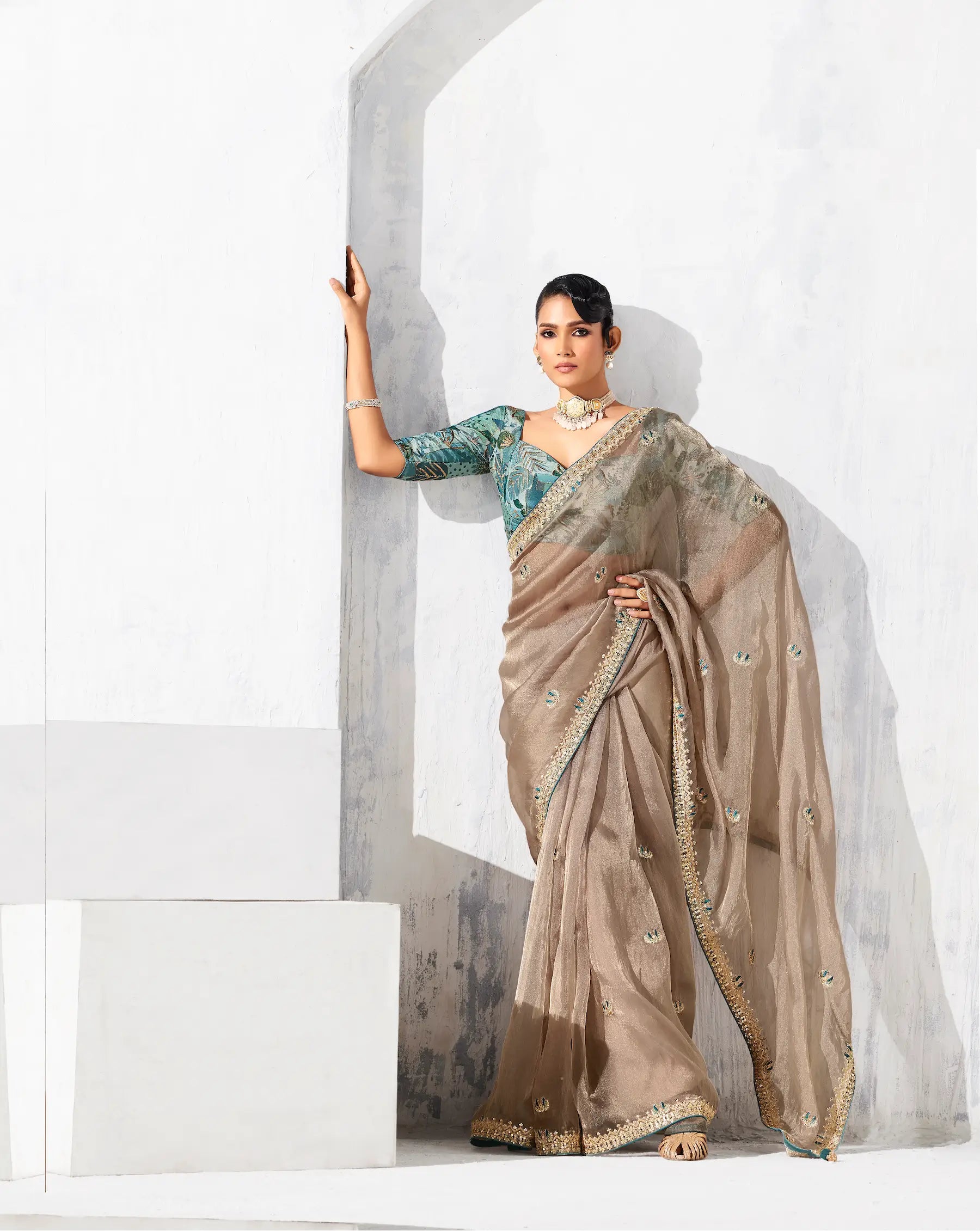 Dusty Beige Glass Tissue Embroidery Party Wear Saree - qivii
