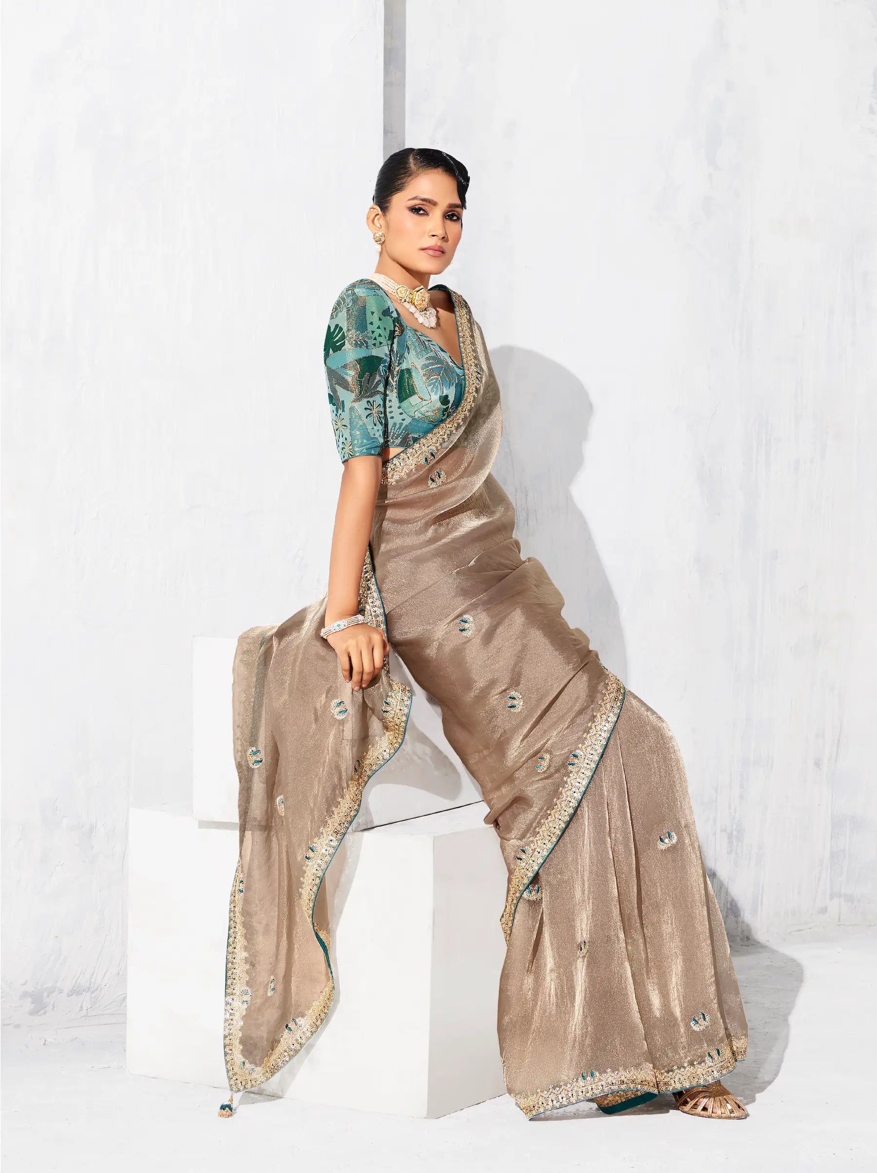 Dusty Beige Glass Tissue Embroidery Party Wear Saree - qivii