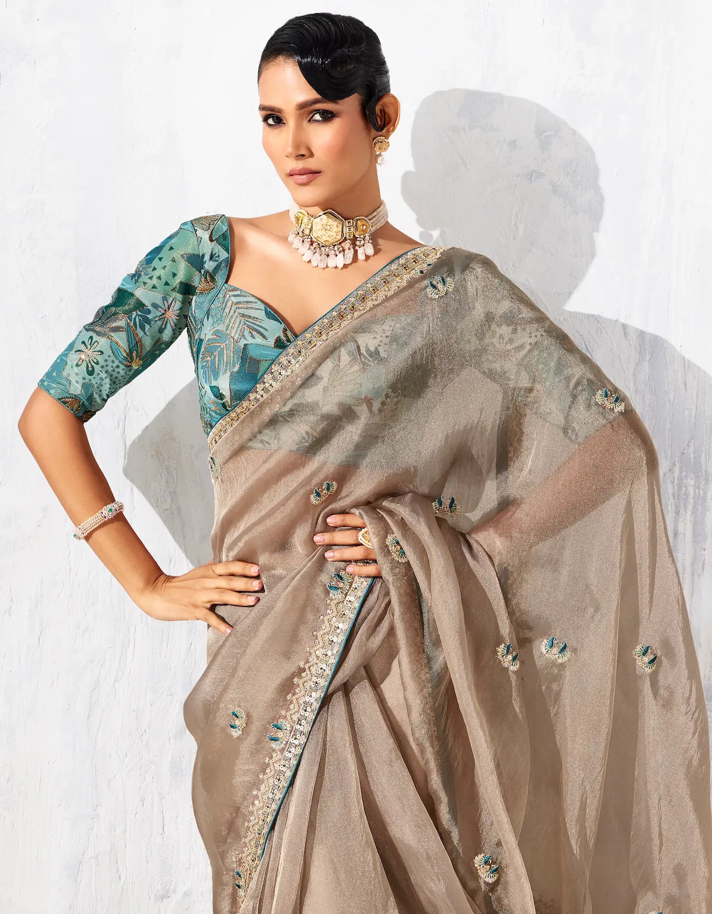 Dusty Beige Glass Tissue Embroidery Party Wear Saree - qivii