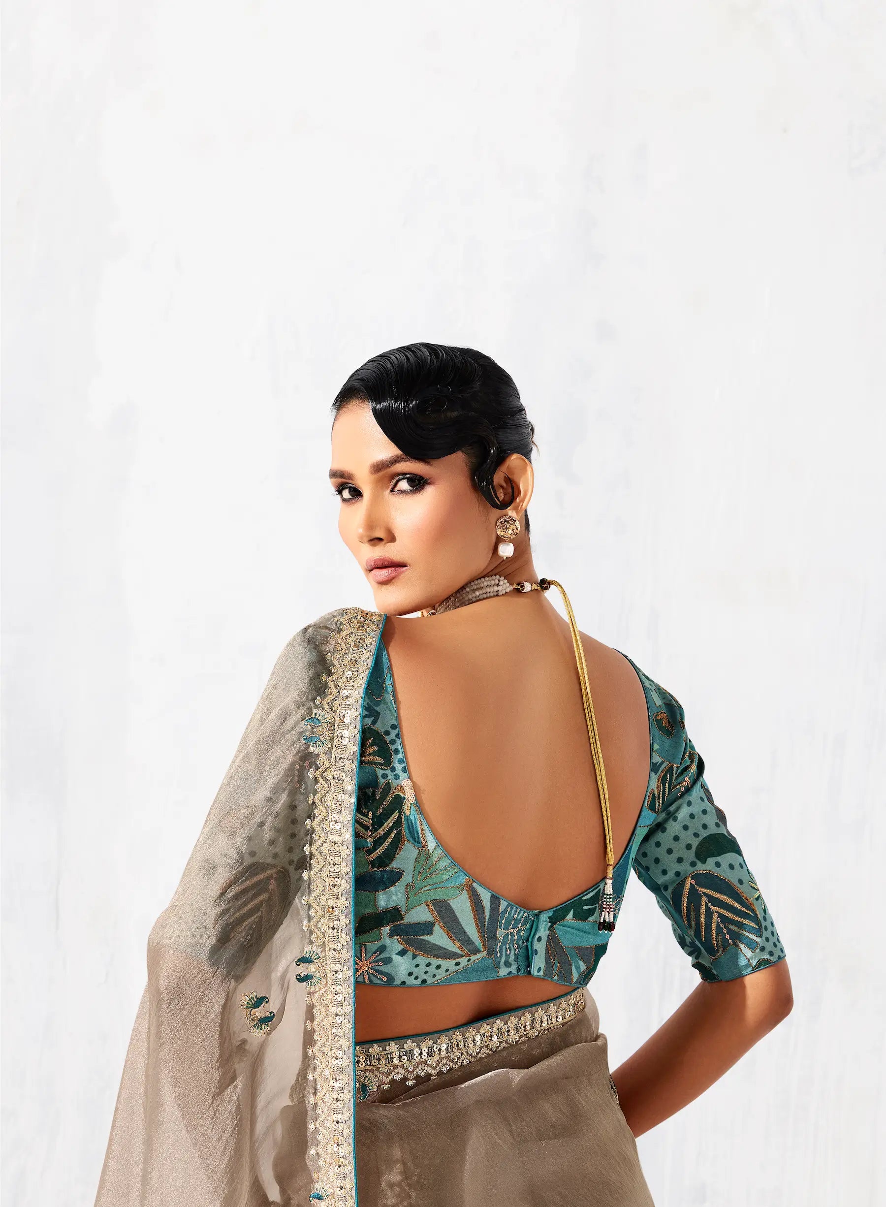 Dusty Beige Glass Tissue Embroidery Party Wear Saree - qivii