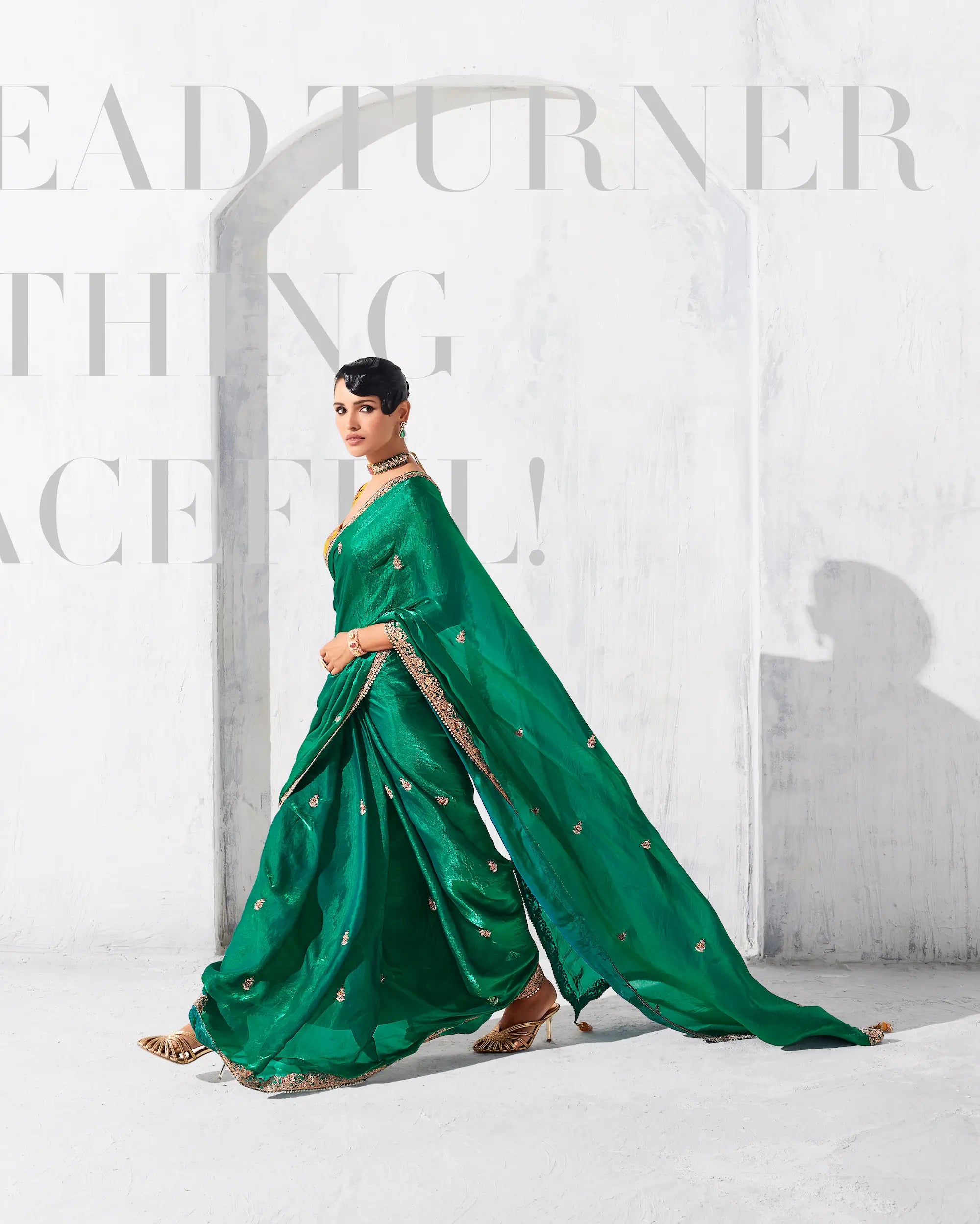 Dark Green Glass Tissue Embroidery Party Wear Saree - qivii