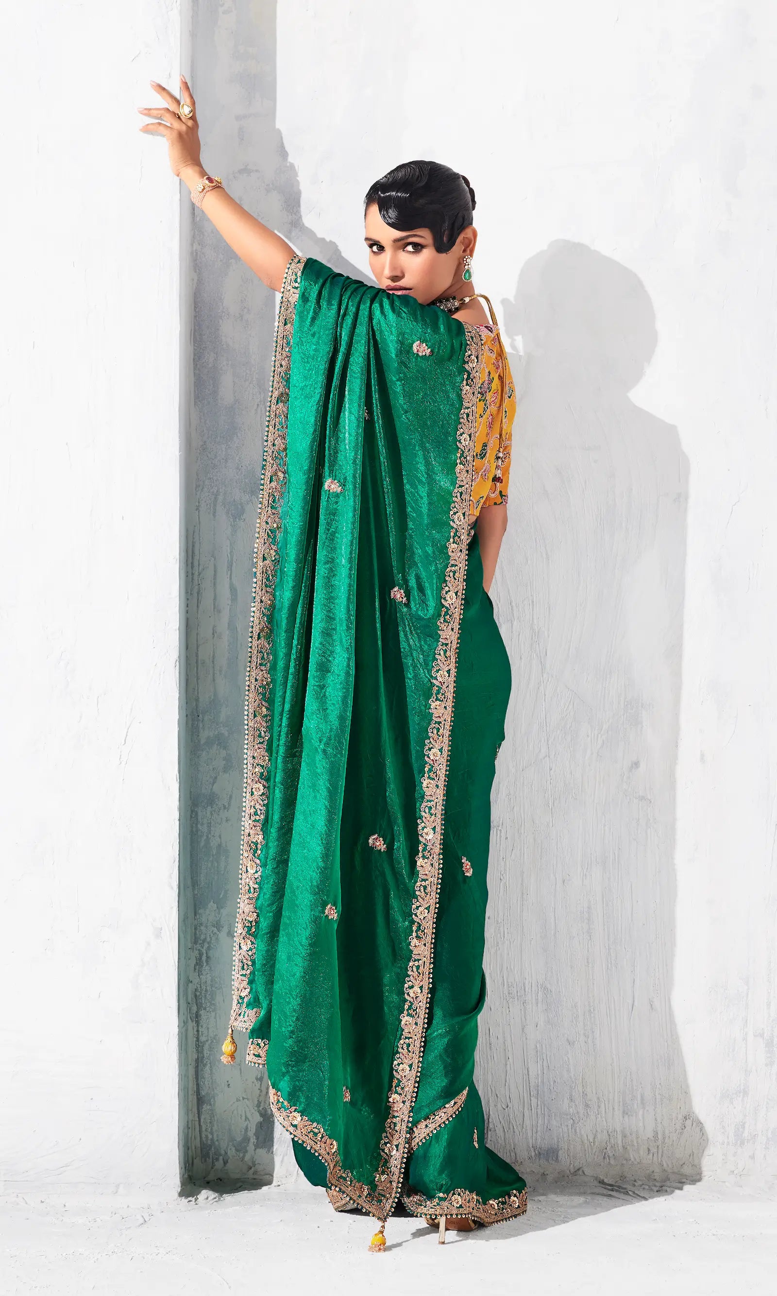 Dark Green Glass Tissue Embroidery Party Wear Saree - qivii