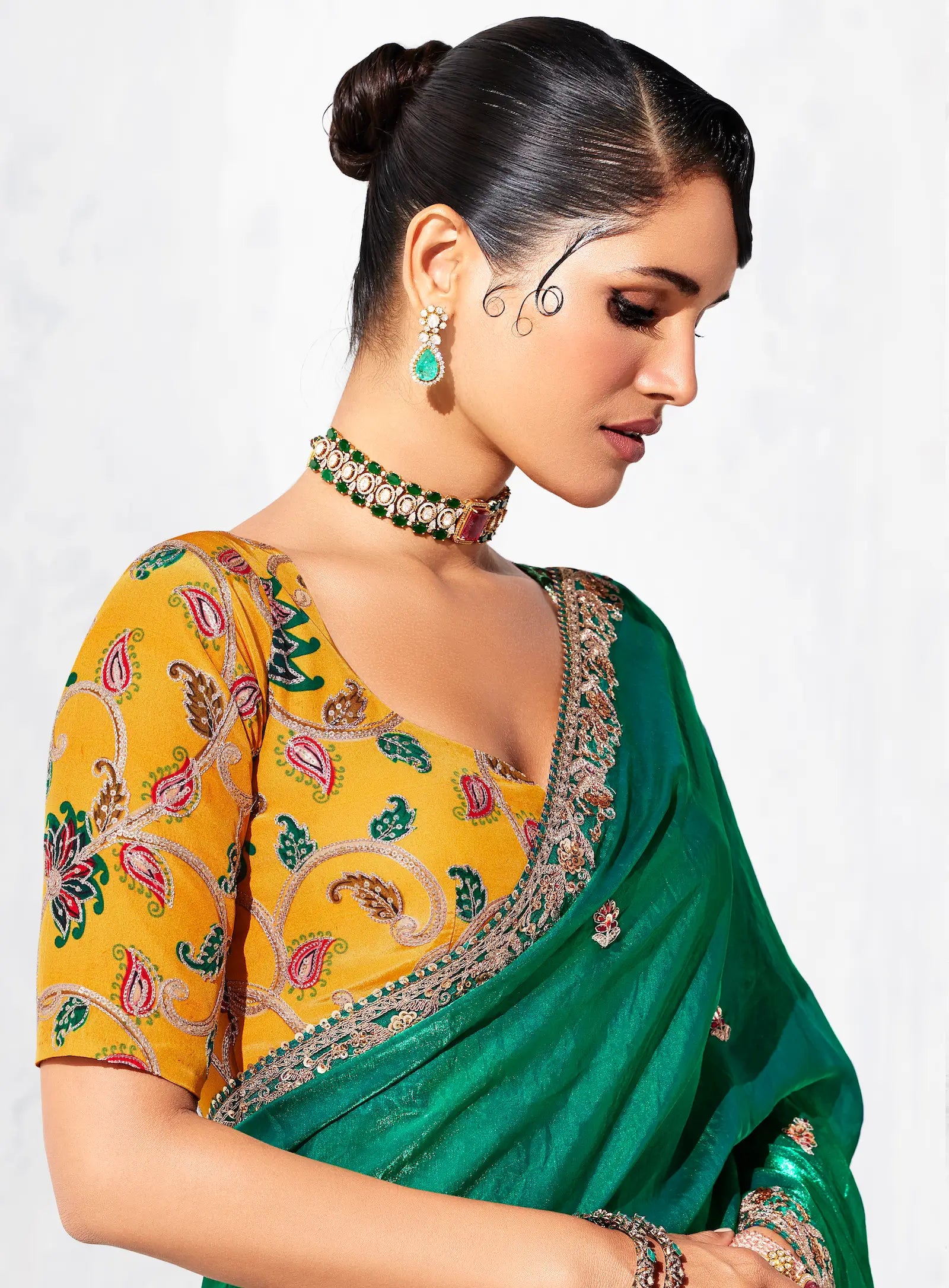 Dark Green Glass Tissue Embroidery Party Wear Saree - qivii