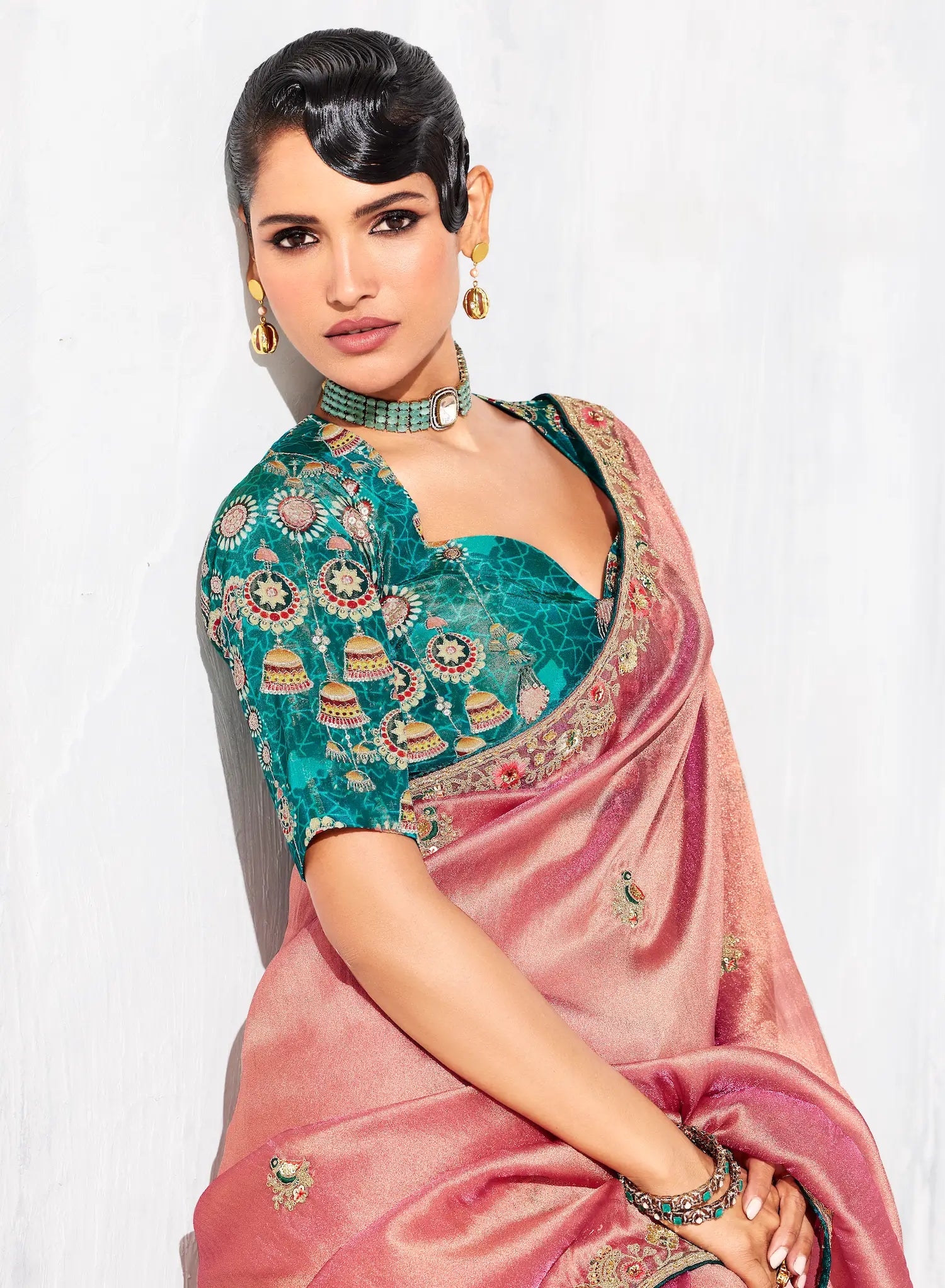 Peach Pink Glass Tissue Embroidery Party Wear Saree - qivii