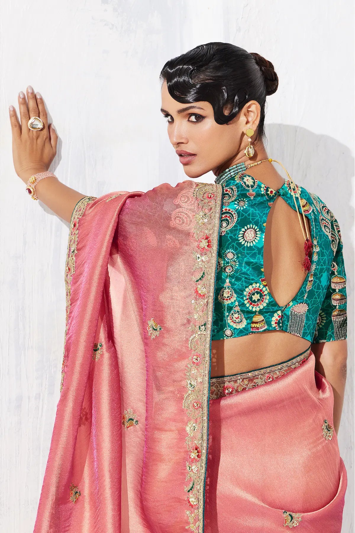 Peach Pink Glass Tissue Embroidery Party Wear Saree - qivii