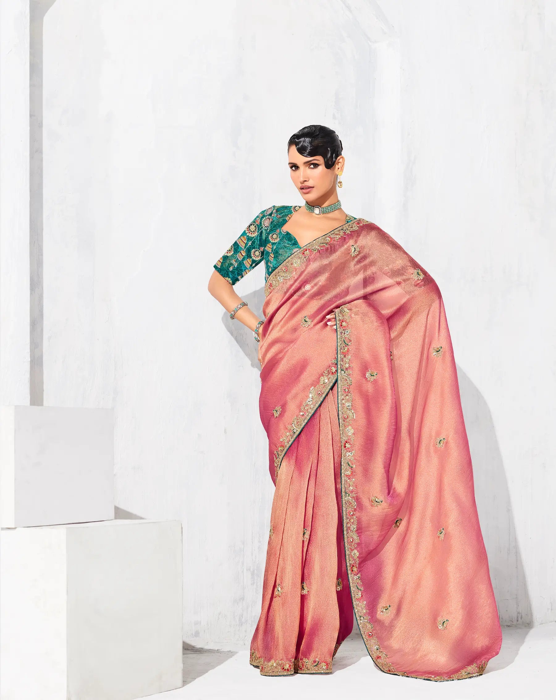 Peach Pink Glass Tissue Embroidery Party Wear Saree - qivii