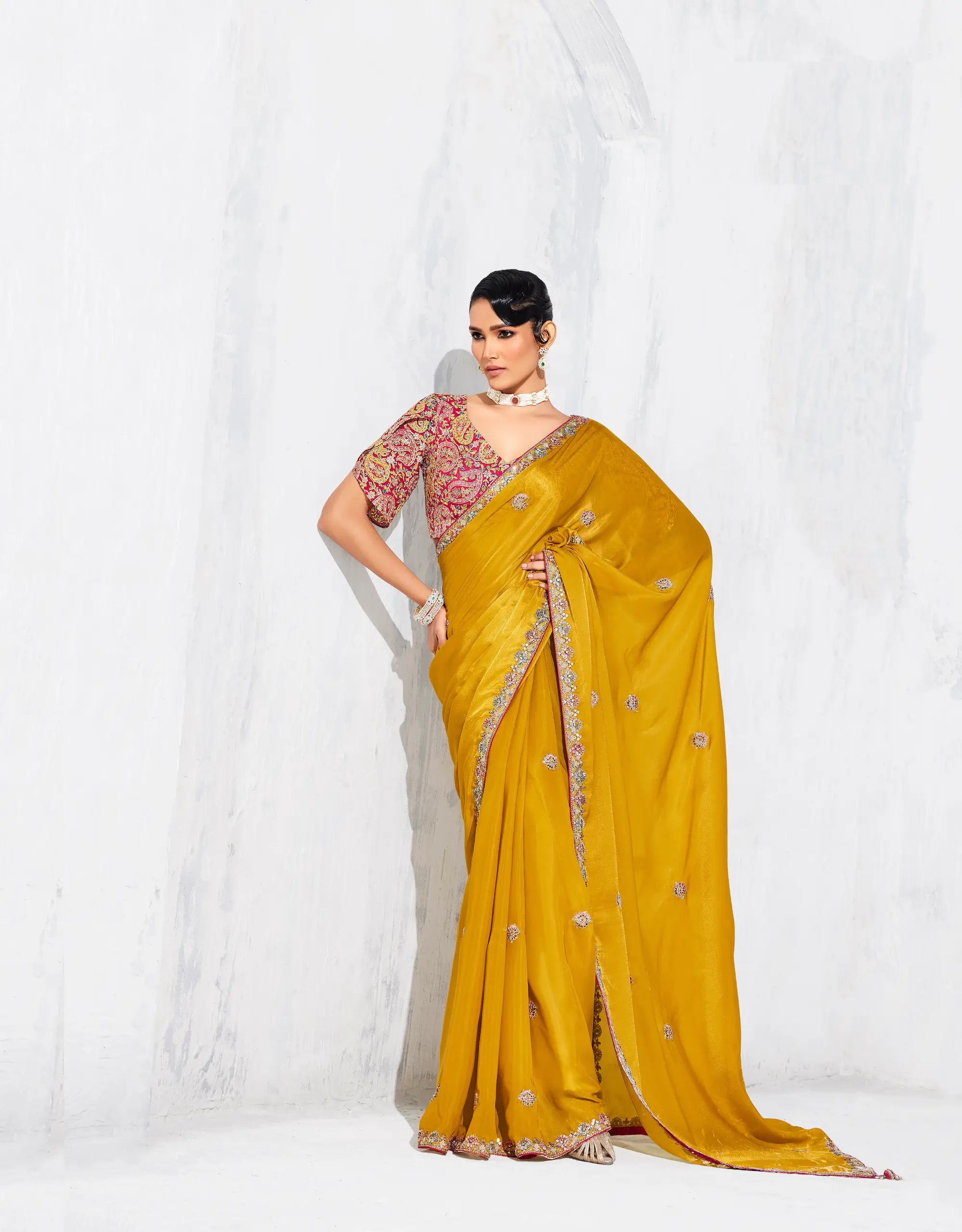 Bee Yellow Glass Tissue Embroidery Party Wear Saree - qivii