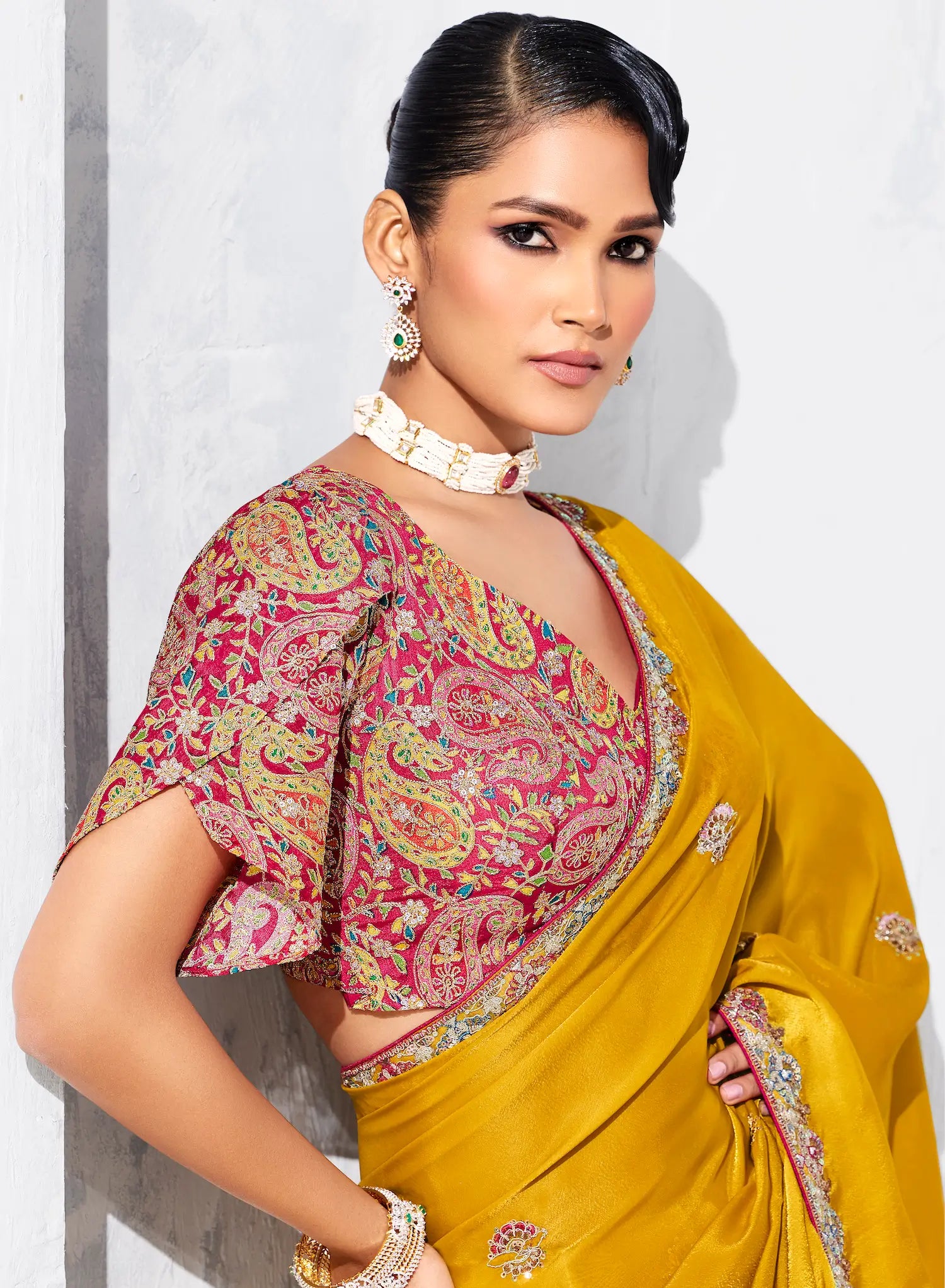 Bee Yellow Glass Tissue Embroidery Party Wear Saree - qivii