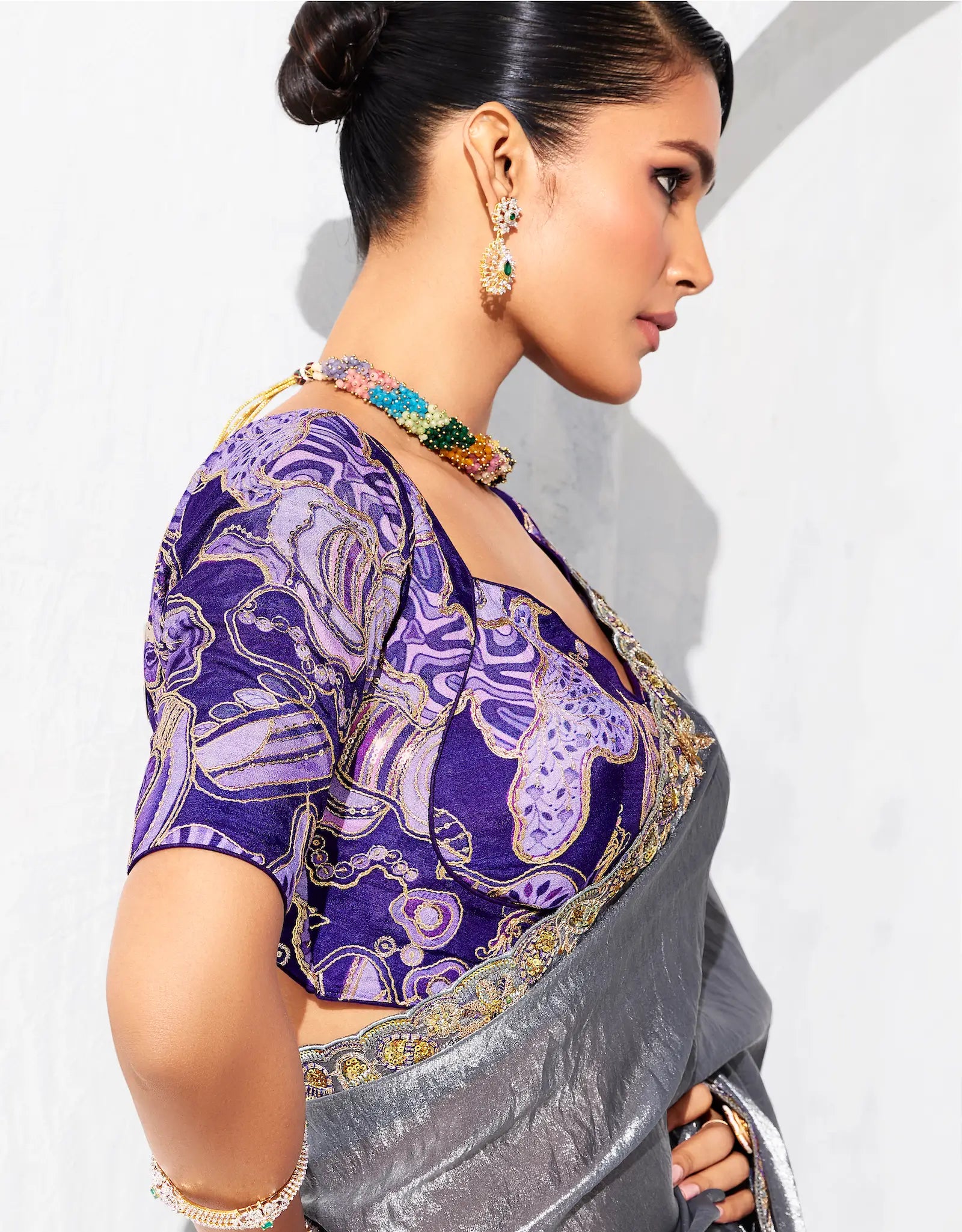 Dark Grey Glass Tissue Embroidery Party Wear Saree - qivii