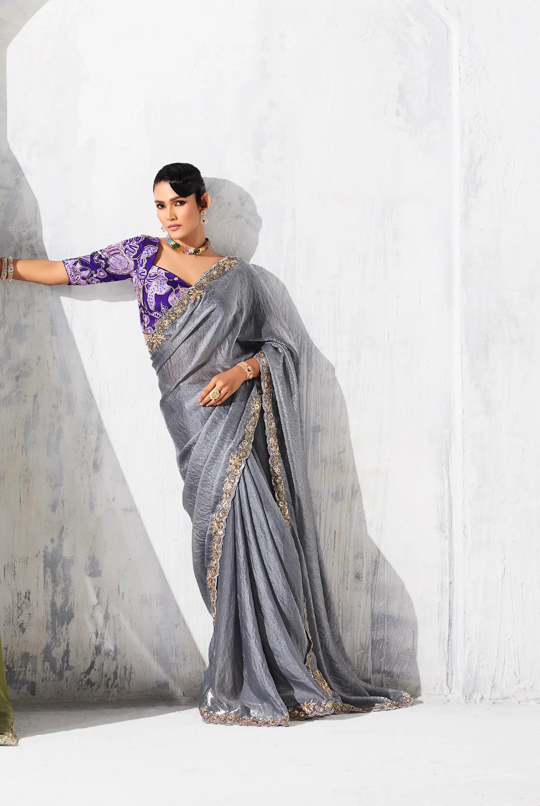 Dark Grey Glass Tissue Embroidery Party Wear Saree - qivii