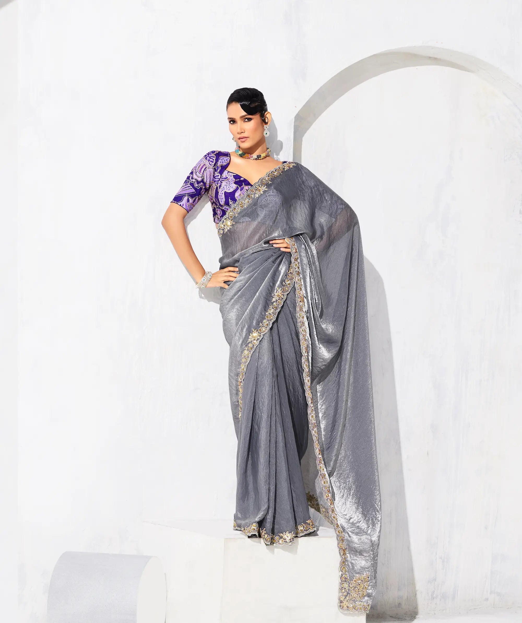 Dark Grey Glass Tissue Embroidery Party Wear Saree - qivii