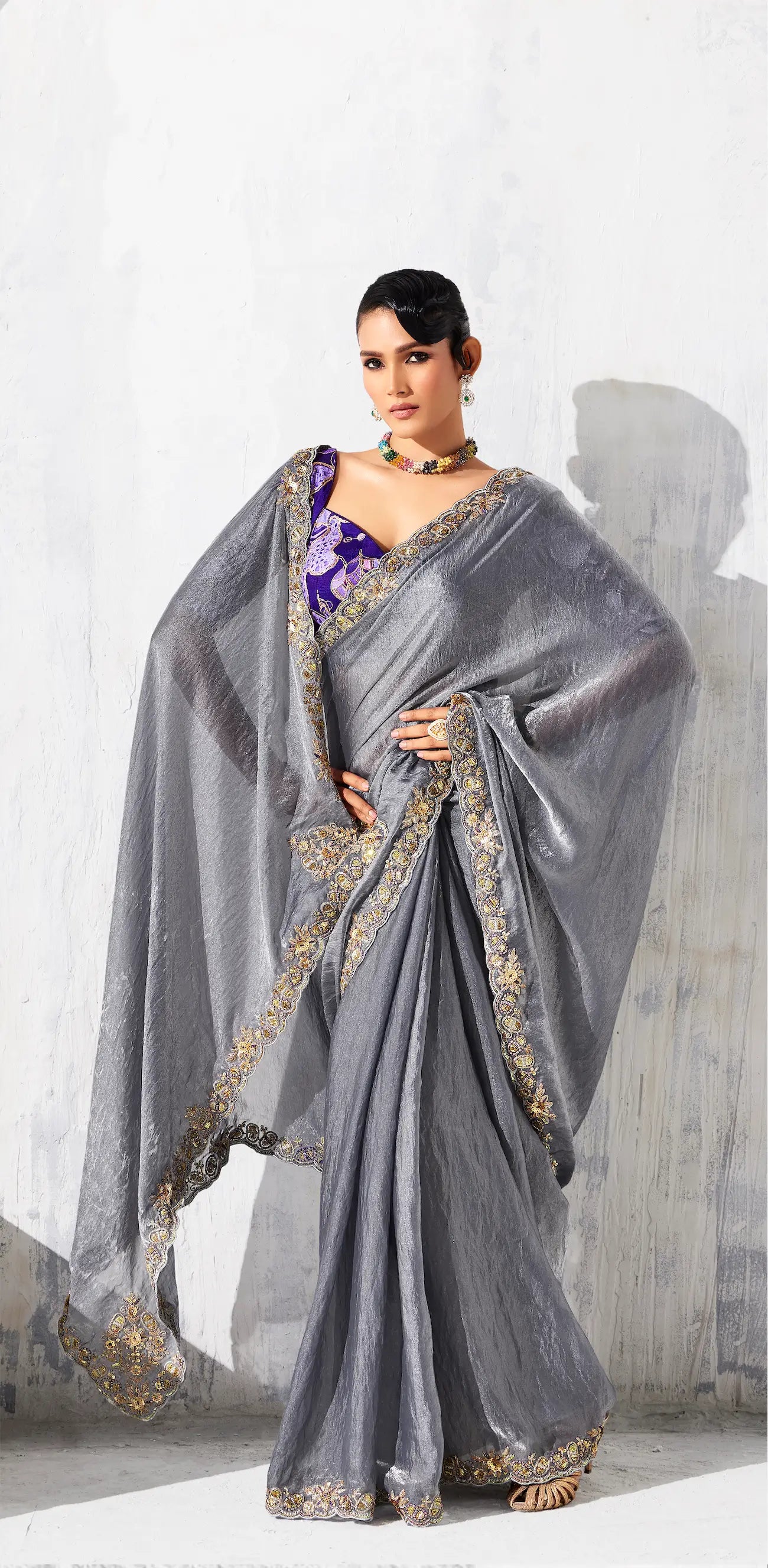 Dark Grey Glass Tissue Embroidery Party Wear Saree - qivii