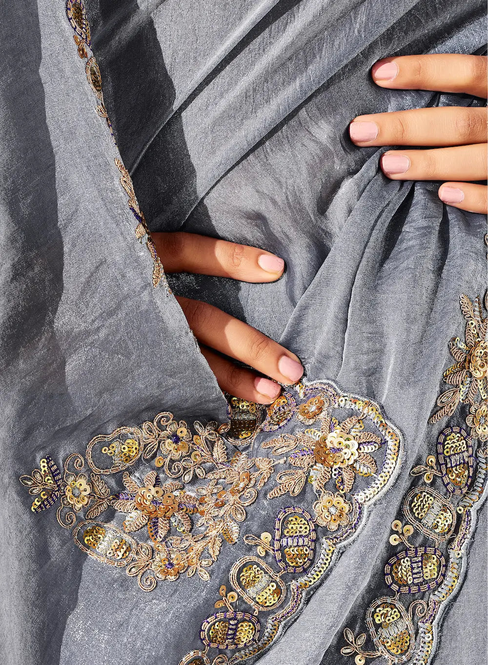 Dark Grey Glass Tissue Embroidery Party Wear Saree - qivii