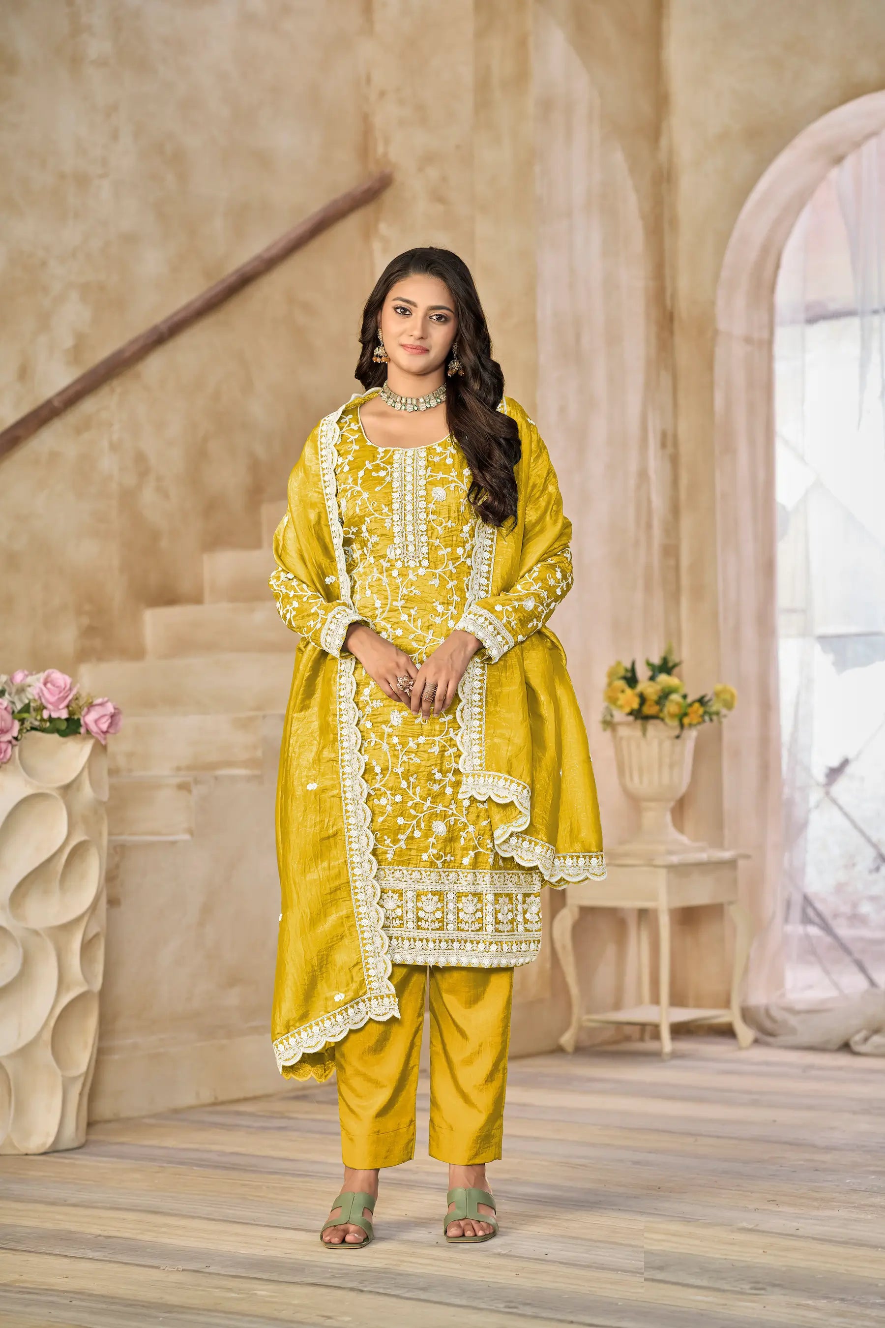 Yellow Crush Organza Embroidery Work Lehenga Choli