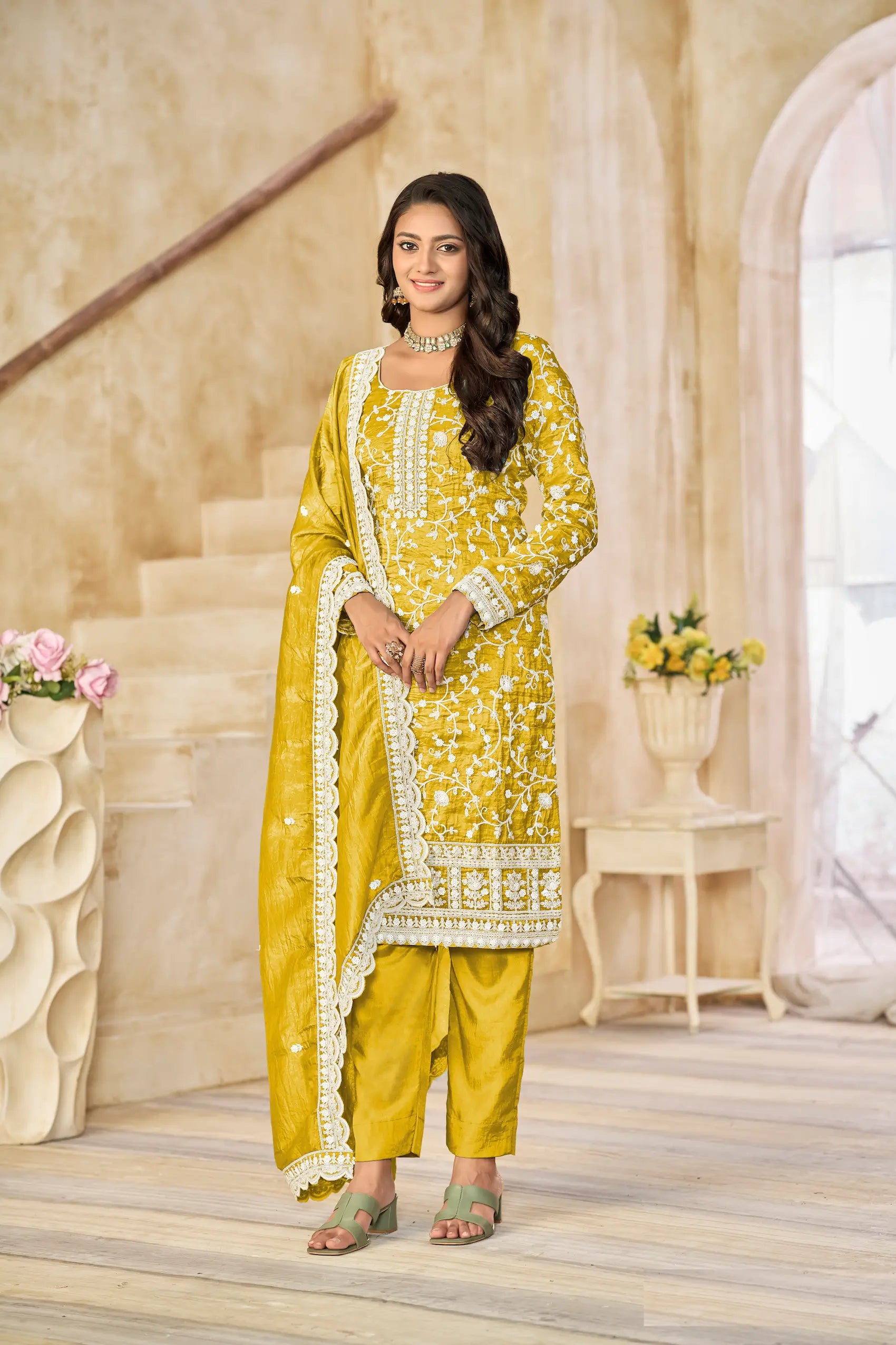 Yellow Crush Organza Embroidery Work Lehenga Choli