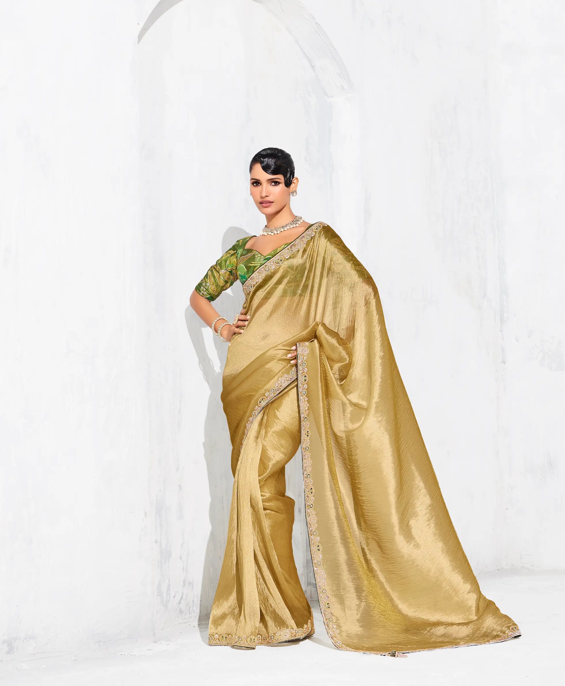 Sand Yellow Glass Tissue Embroidery Party Wear Saree - qivii