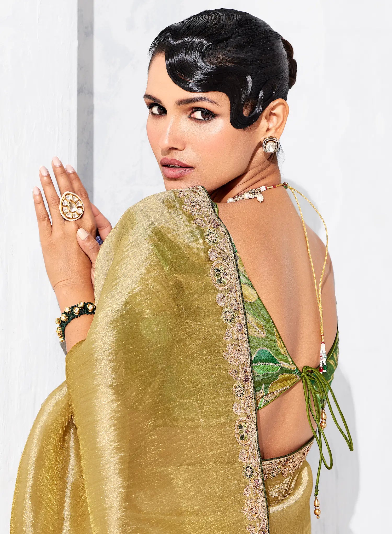 Sand Yellow Glass Tissue Embroidery Party Wear Saree - qivii