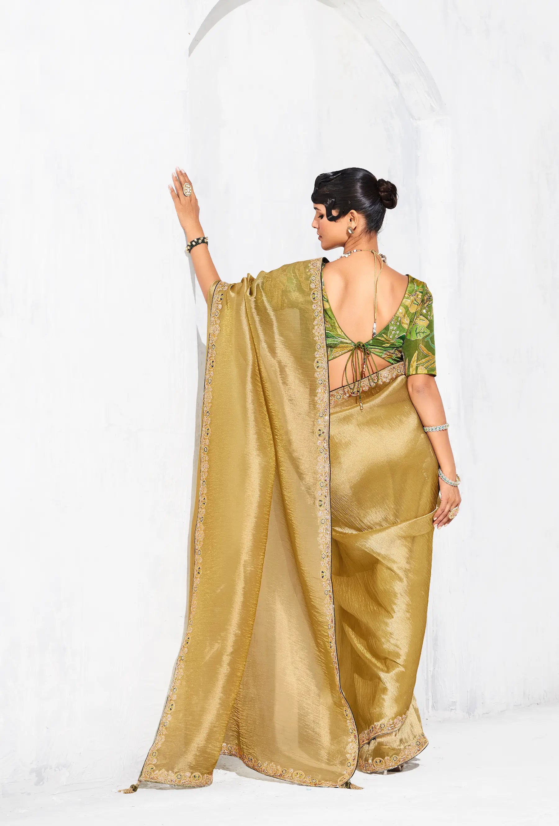 Sand Yellow Glass Tissue Embroidery Party Wear Saree - qivii