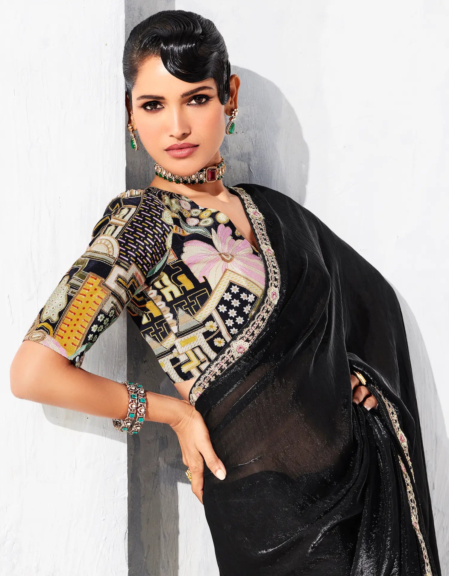 Hot Black Glass Tissue Embroidery Party Wear Saree - qivii
