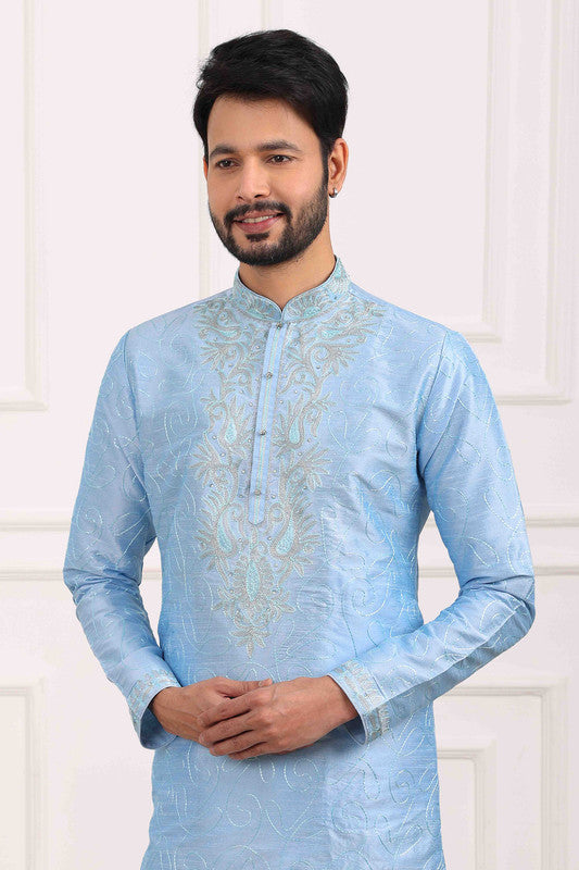 Men's Art Banarasi Silk Thread Work Kurta Pajama In Sky Blue Colour
