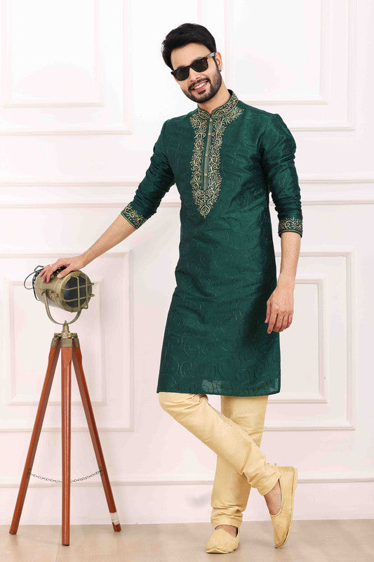 Men's Art Banarasi Silk Thread Work Kurta Pajama In Green Colour
