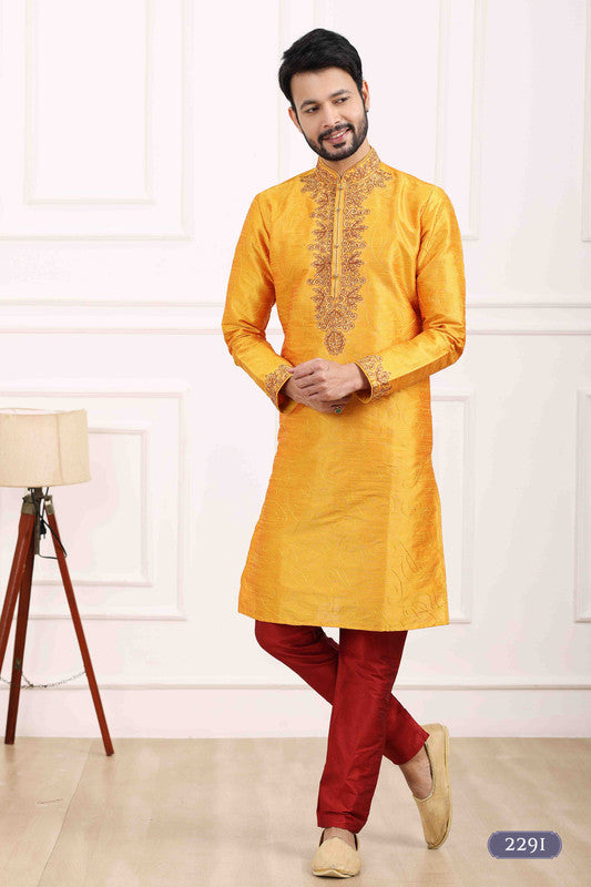 Men's Art Banarasi Silk Thread Work Kurta Pajama In Mustard Colour