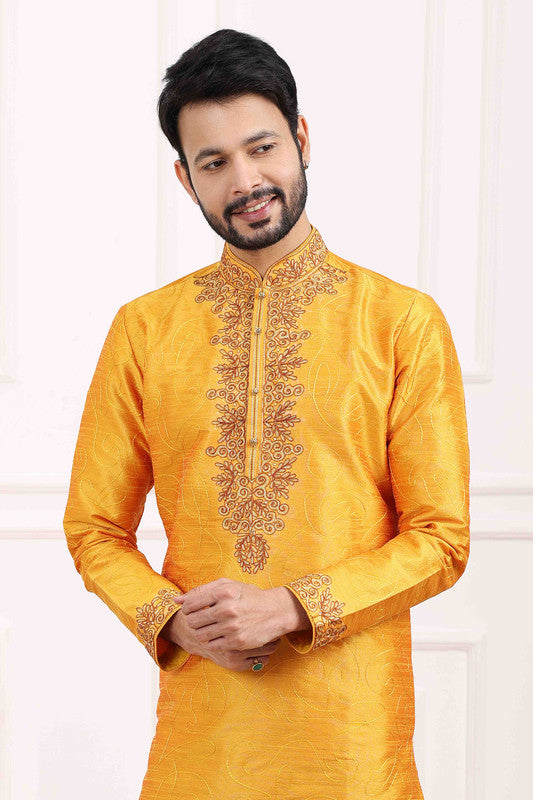 Men's Art Banarasi Silk Thread Work Kurta Pajama In Mustard Colour