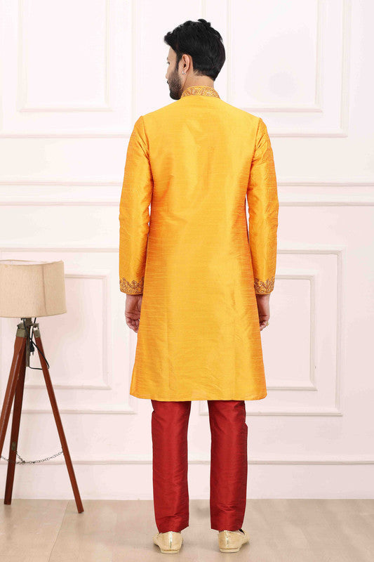 Men's Art Banarasi Silk Thread Work Kurta Pajama In Mustard Colour