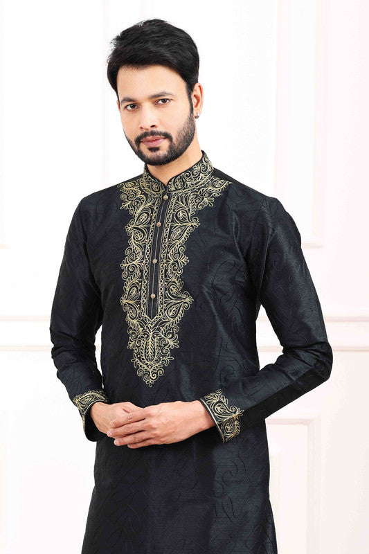 Men's Art Banarasi Silk Thread Work Kurta Pajama In Black Colour