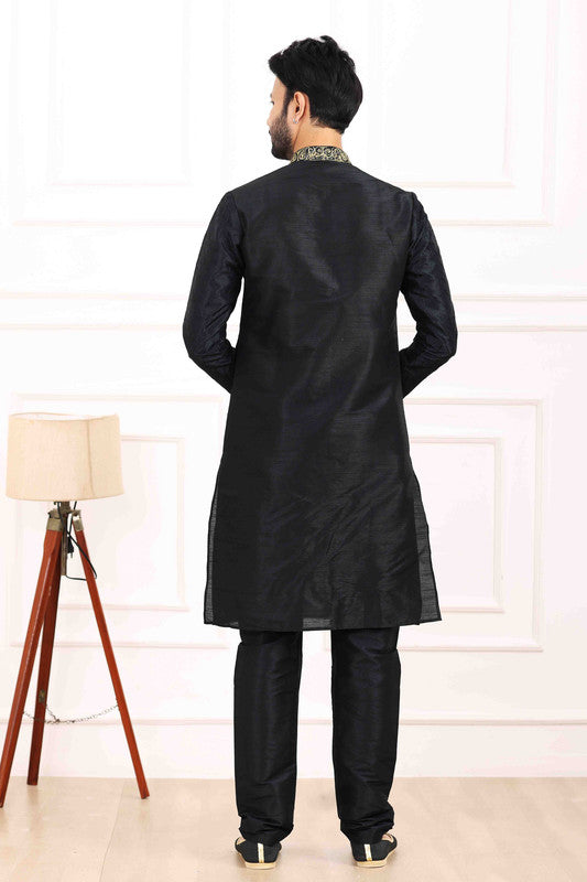 Men's Art Banarasi Silk Thread Work Kurta Pajama In Black Colour