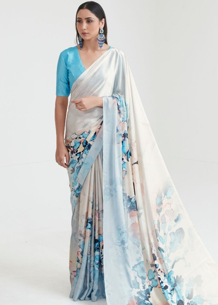 Pearl White & Blue Satin Silk Digital Printed Saree with Floral Motifs and Gold Border