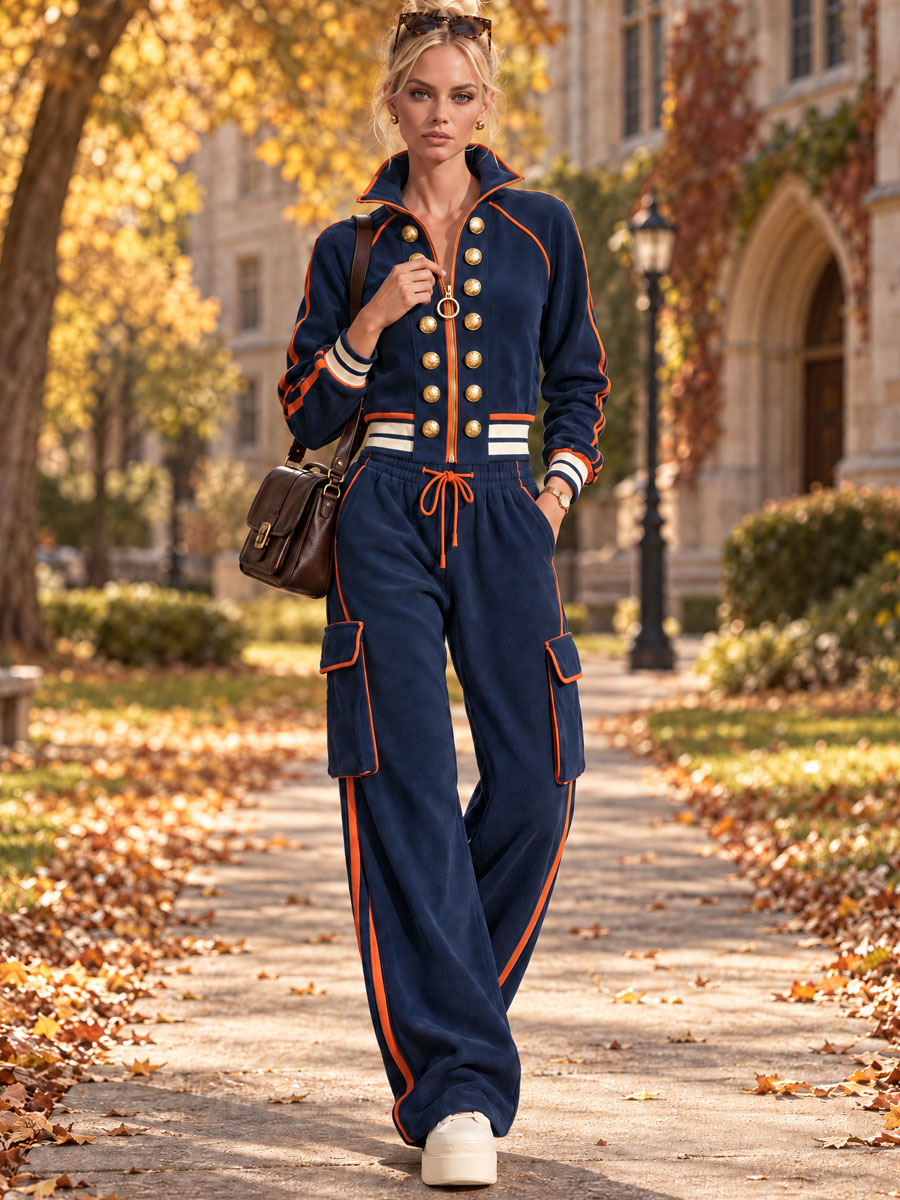 Sporty Retro Double-breasted Decorative Button-down Blue Jacket And Trousers Set  - By Qivii