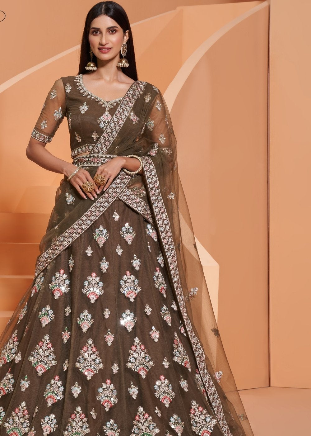 Army Green Net Lehenga Choli with Cording,Thread Embroidery, Zarkan & Badla work | Ready To Wear - qivii