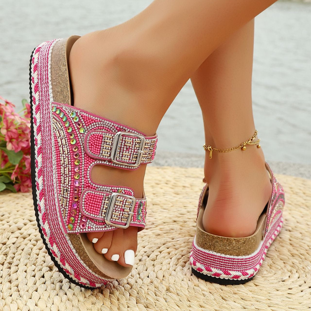 Women’s Calyra Rhinestone Platform Slide Sandals – Boho Metallic Buckle Rope Detail Resort Slides (US 5–10.5)