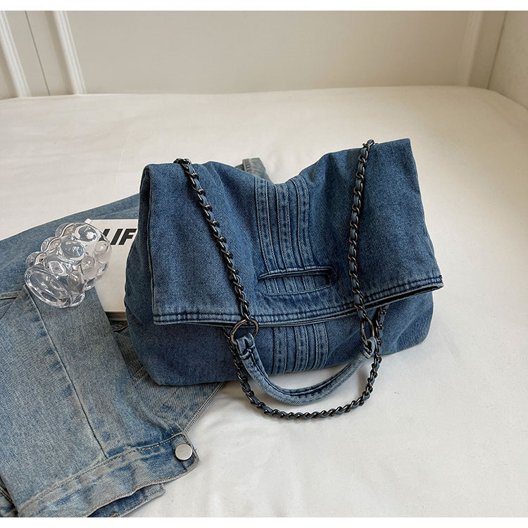Women's Vintage Denim Tote Bag with Chain Strap – Structured Large-Capacity Crossbody & Shoulder Bag