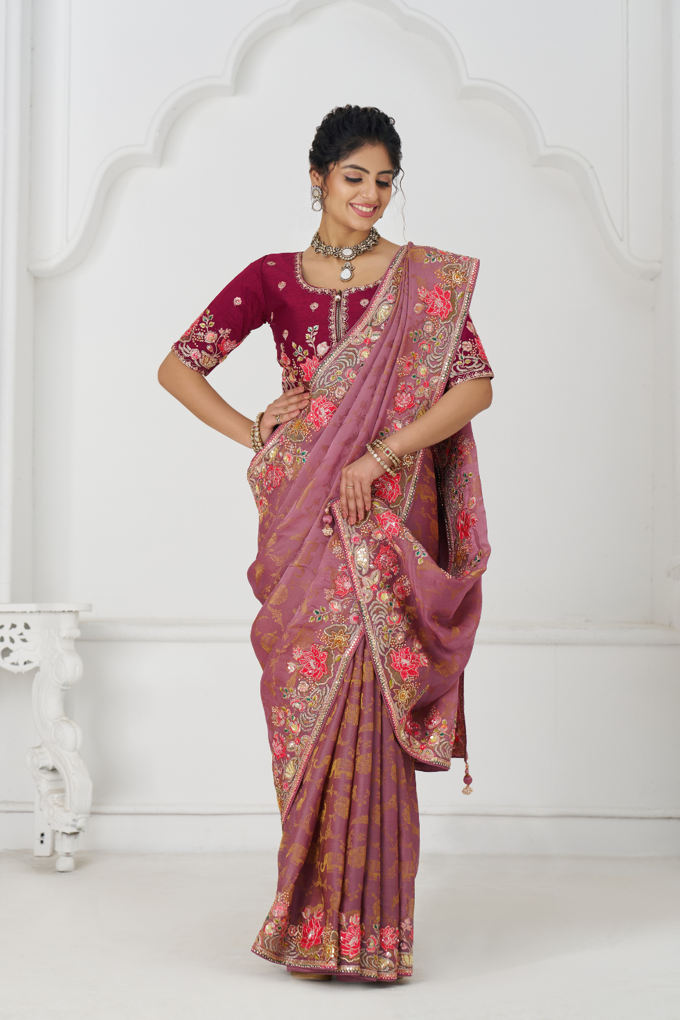 Blushing Mauve: Multi-Thread Embroidered Saree with Floral Elegance - qivii