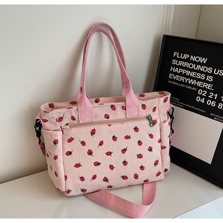 Women's Corduroy Cherry Print Tote Bag – Versatile Women's Strawberry Shoulder & Crossbody Large Capacity Mommy Bag